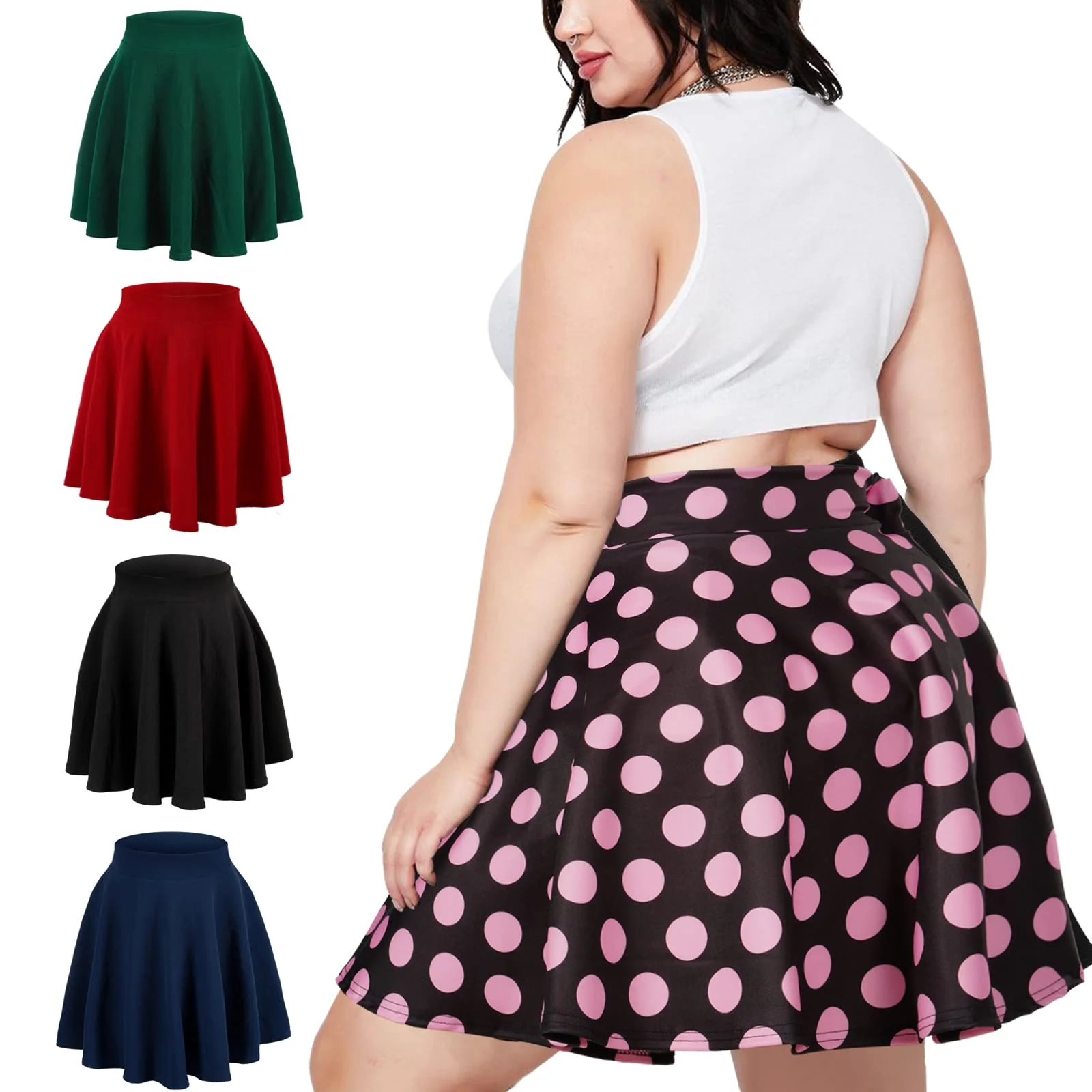 High Waisted Skater Skirt Plus Size-Black & Pink Dots - Image 6
