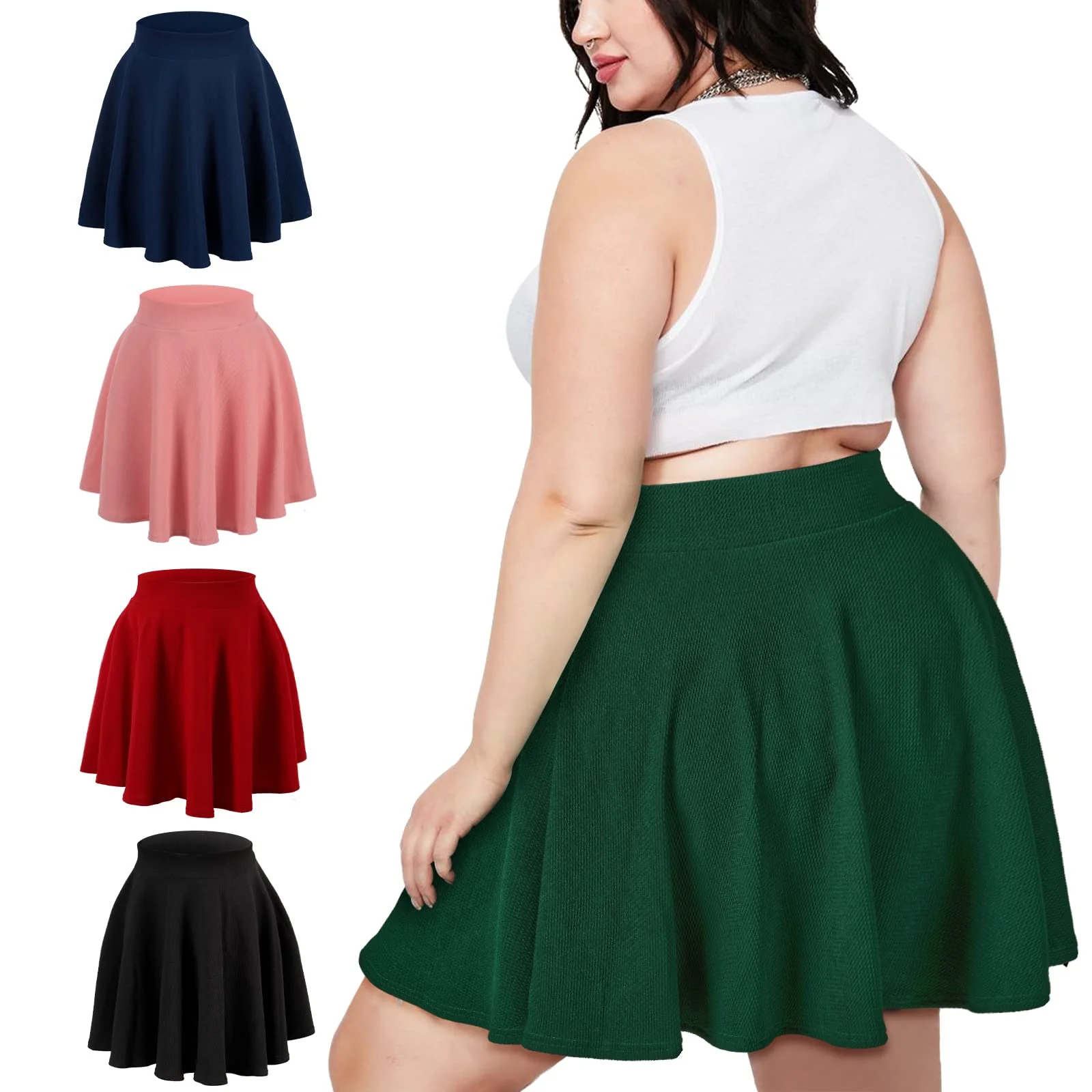 High Waisted Skater Skirt Plus Size-Green - Image 5