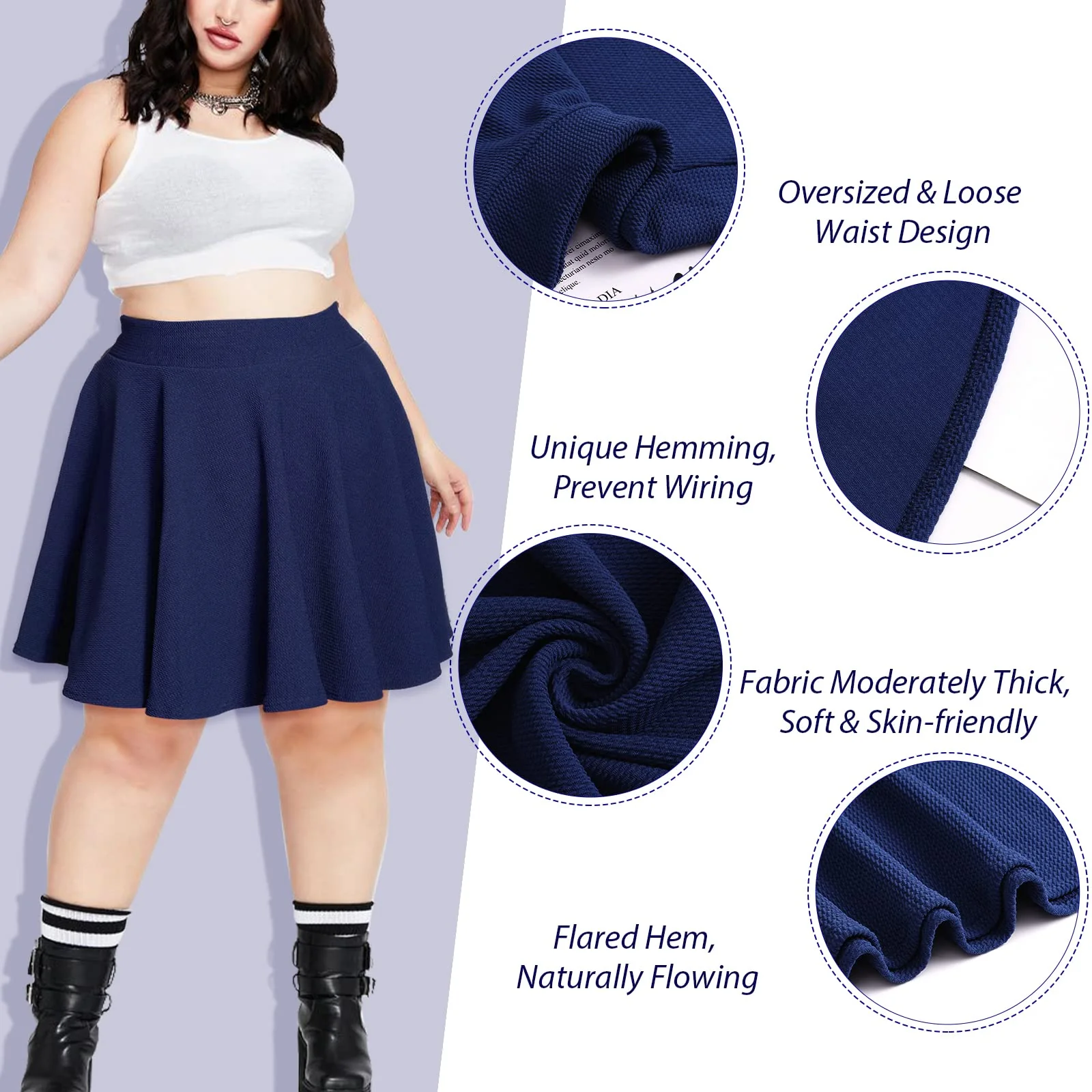 High Waisted Skater Skirt Plus Size-Navy - Image 3