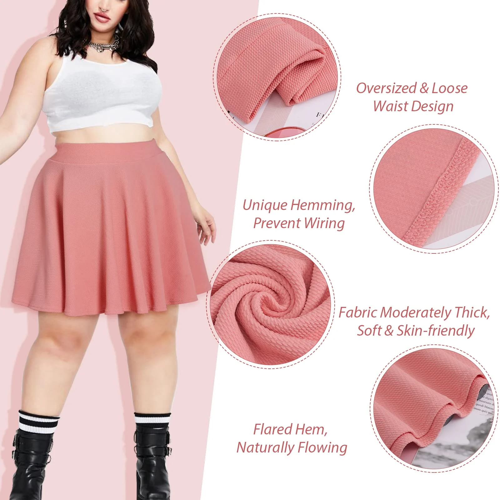 High Waisted Skater Skirt Plus Size-Pink - Image 3