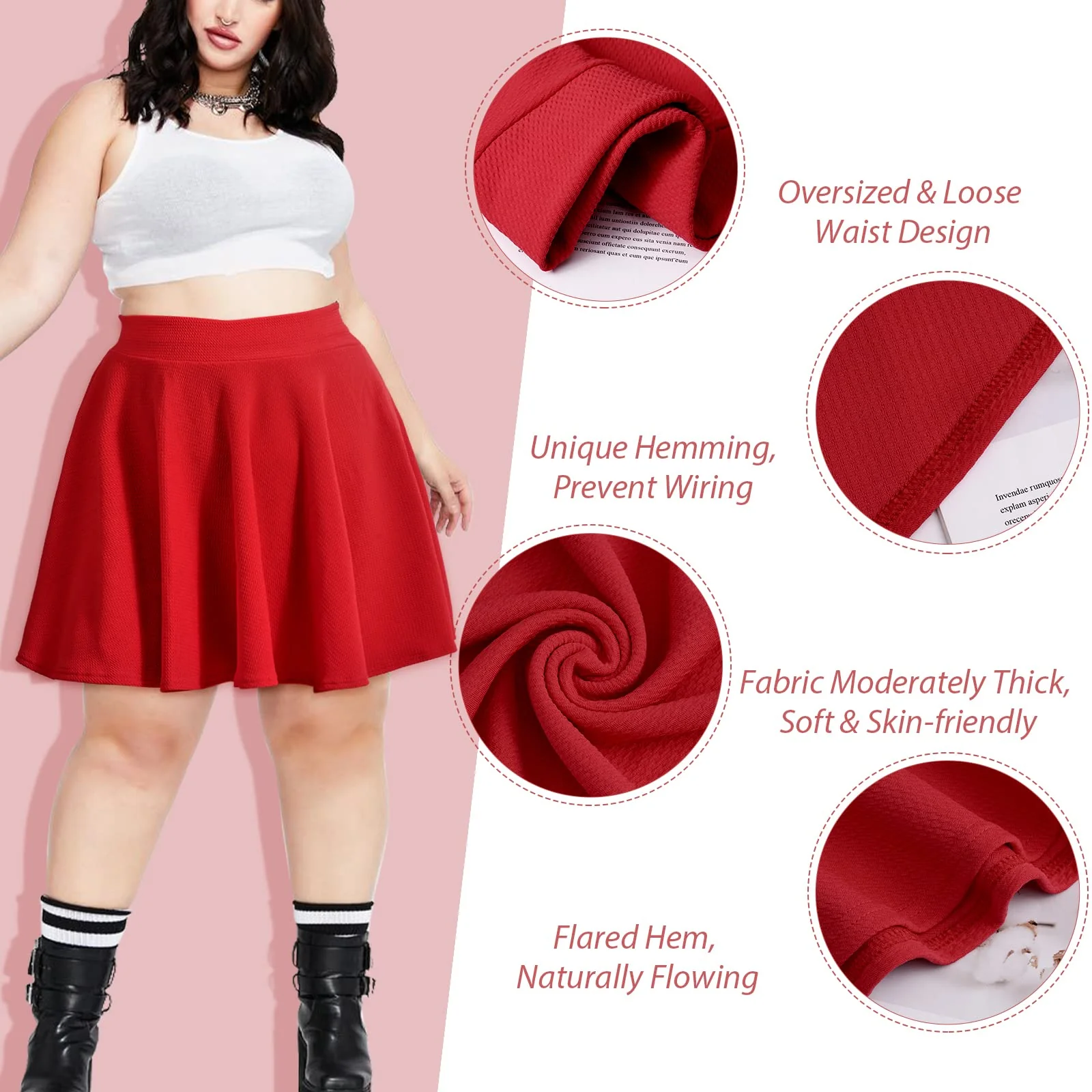 High Waisted Skater Skirt Plus Size-Red - Image 3