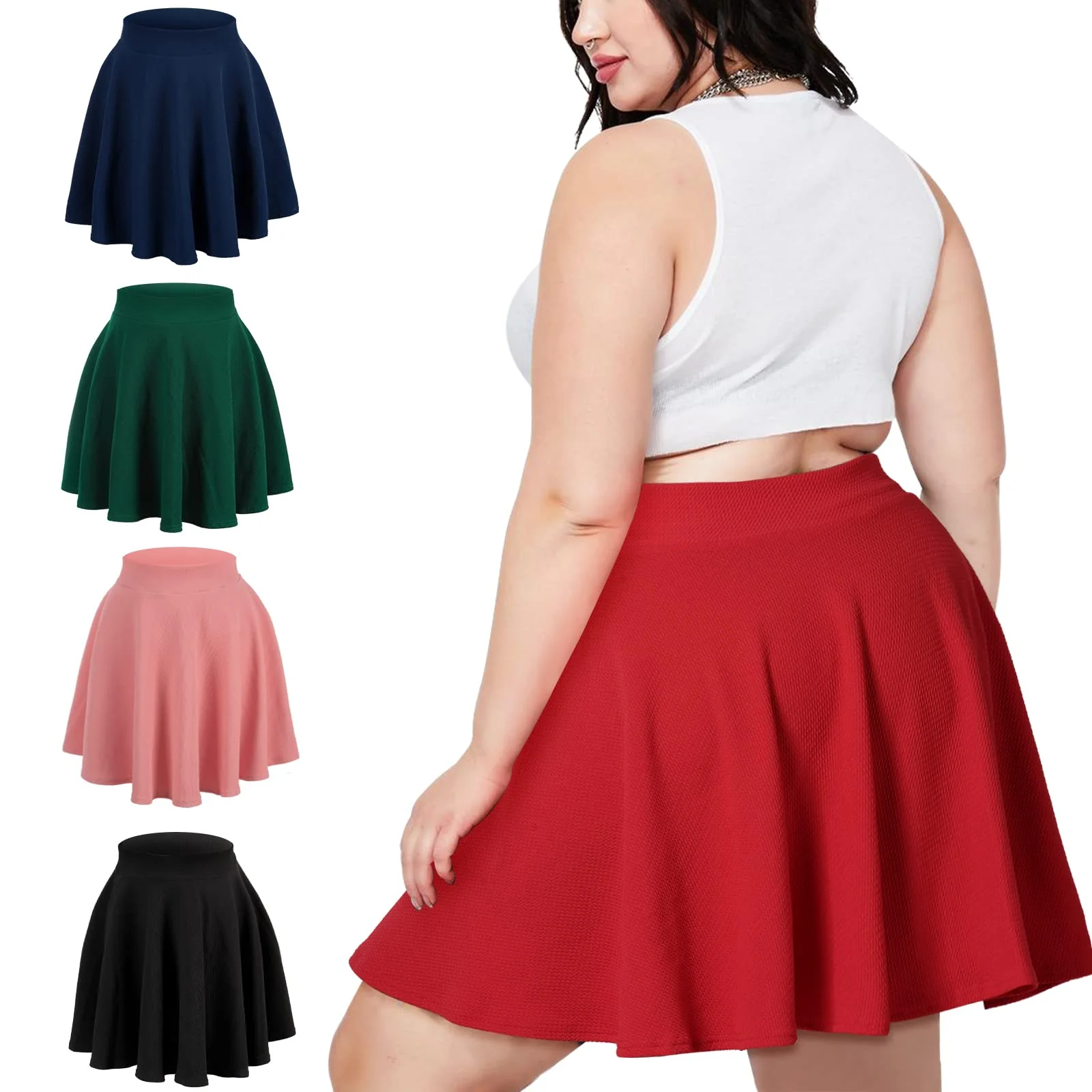 High Waisted Skater Skirt Plus Size-Red - Image 6