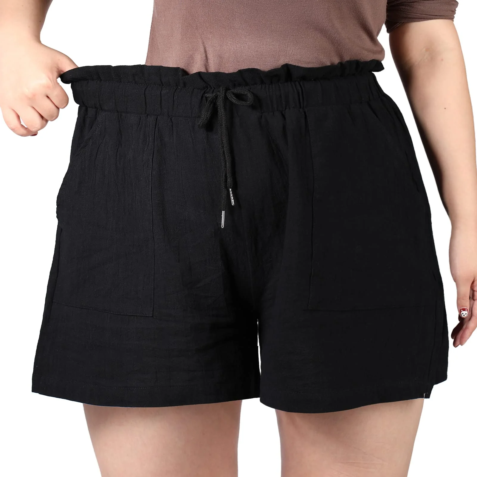Linen High Waisted Pleated Drawstring Shorts Women's Plus Size Shorts-Black - Image 3