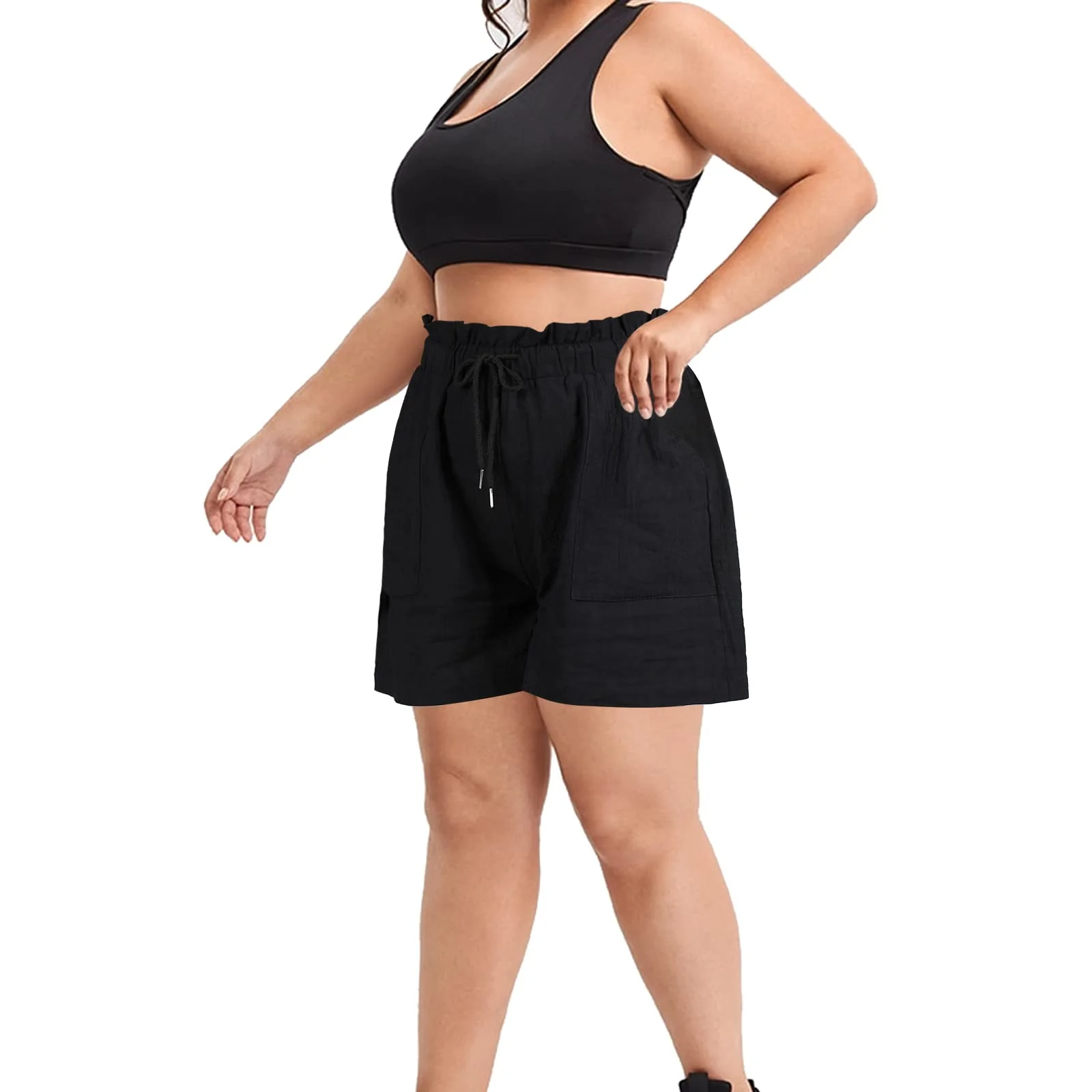 Linen High Waisted Pleated Drawstring Shorts Women's Plus Size Shorts-Black - Image 4