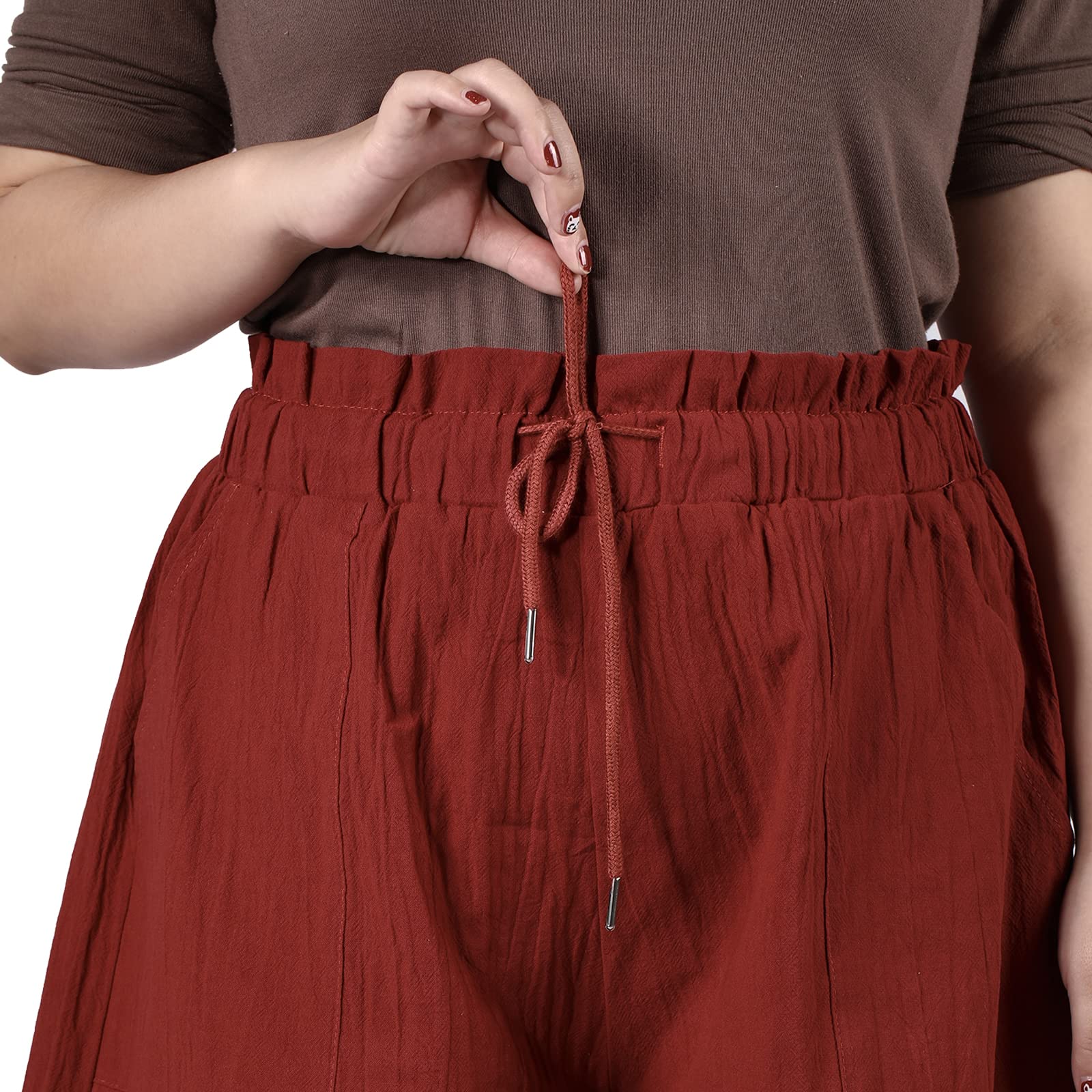Linen High Waisted Pleated Drawstring Shorts Women's Plus Size Shorts-Red - Image 3