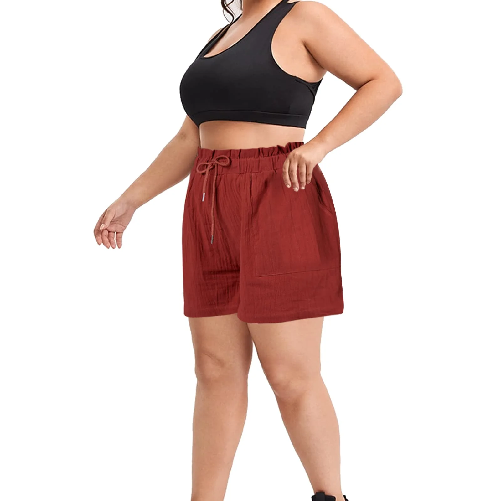Linen High Waisted Pleated Drawstring Shorts Women's Plus Size Shorts-Red - Image 5