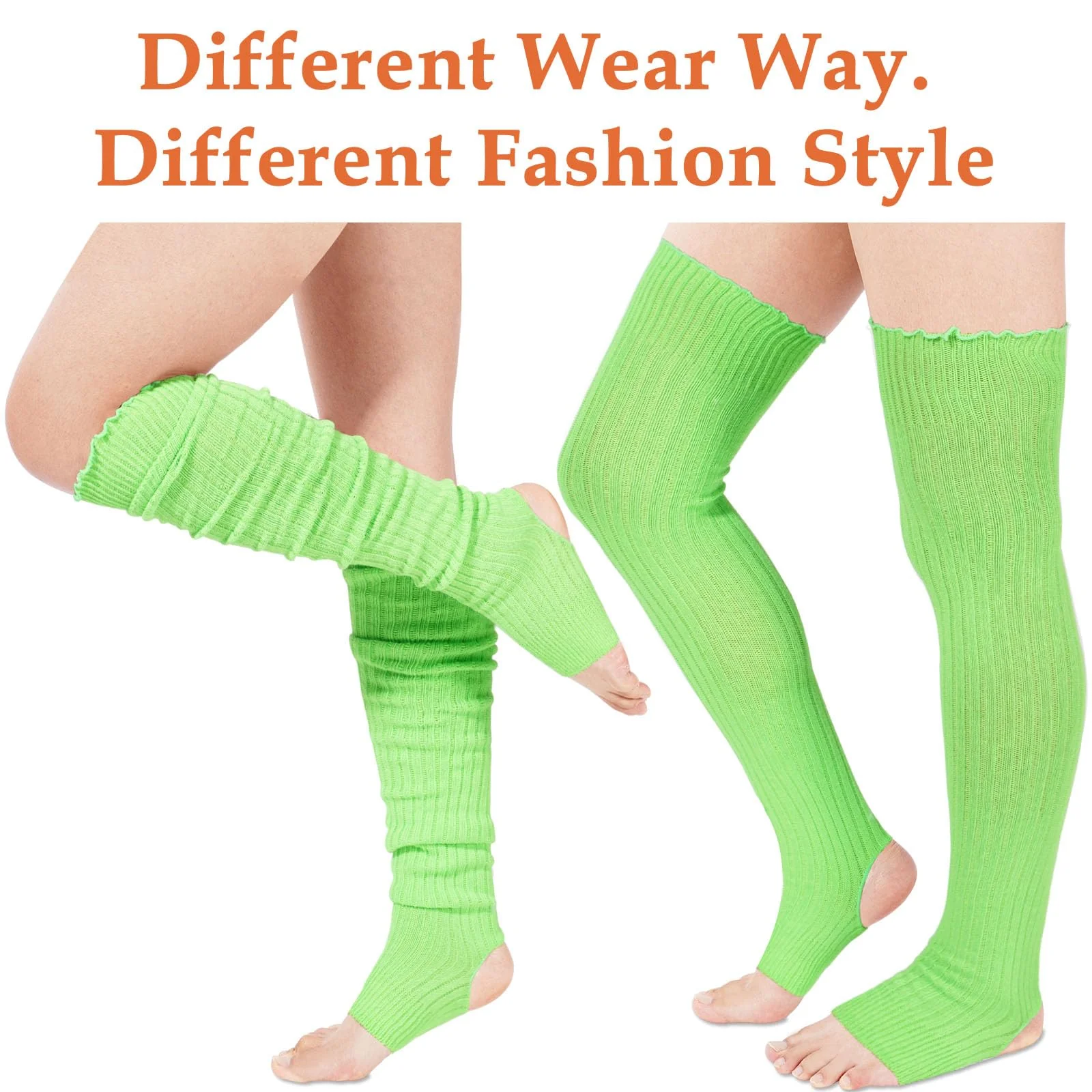Long Leg Warmers for Women 80s Ribbed Knit - Neon Green - Image 4