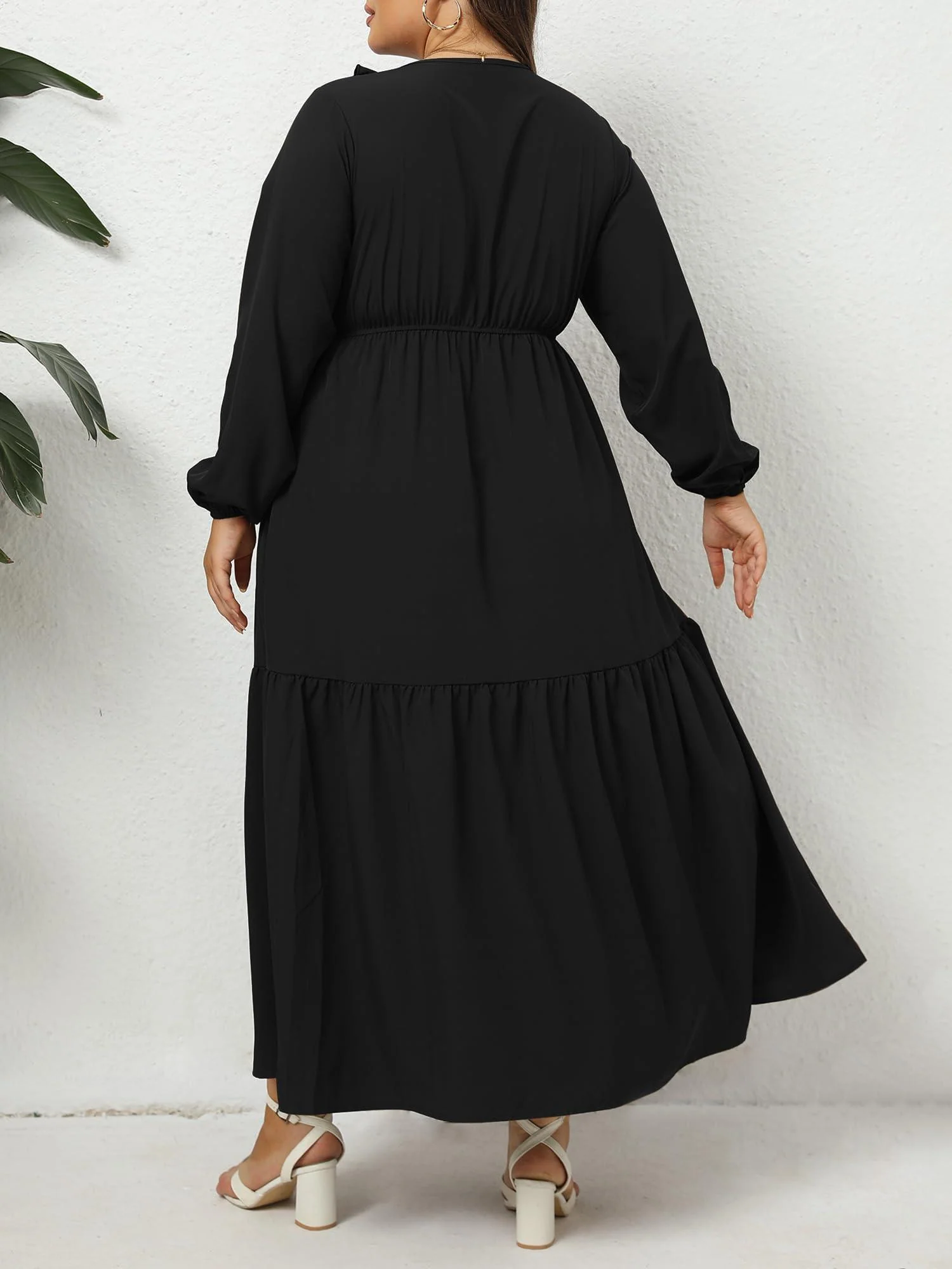 Plus Size A Line Flowy Dresses Long Sleeve V Neck - Black - Image 3