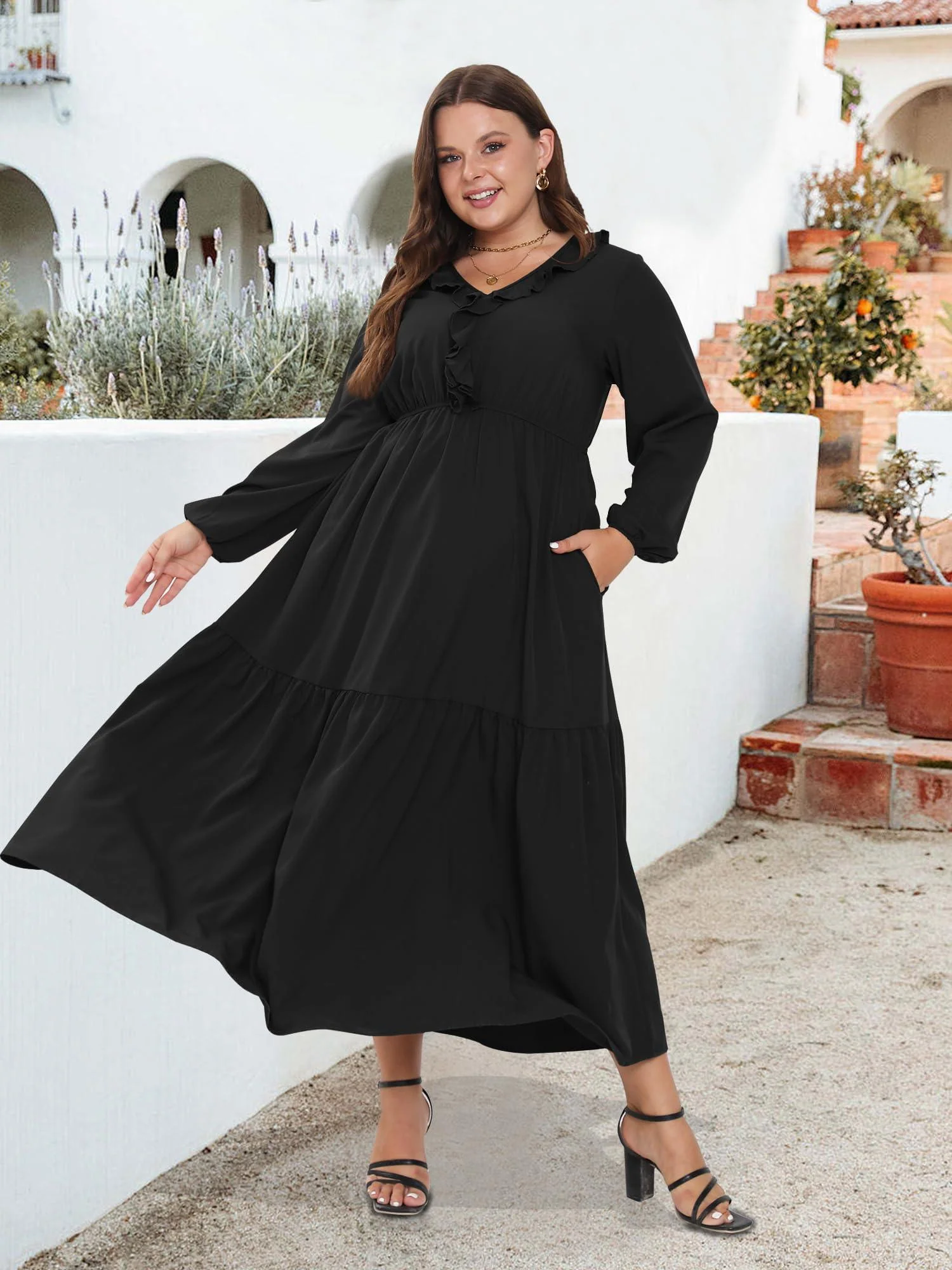 Plus Size A Line Flowy Dresses Long Sleeve V Neck - Black - Image 4