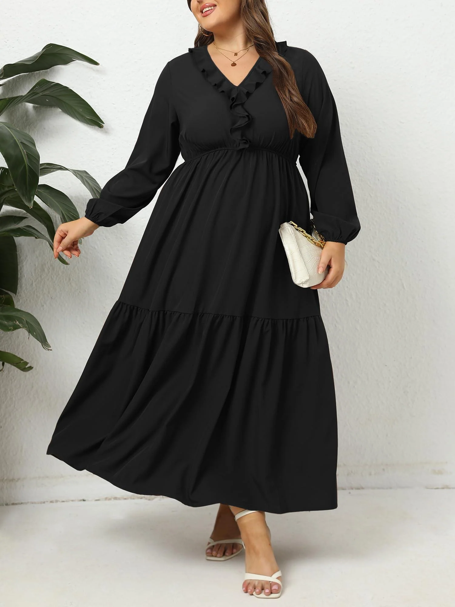 Plus Size A Line Flowy Dresses Long Sleeve V Neck - Black - Image 5