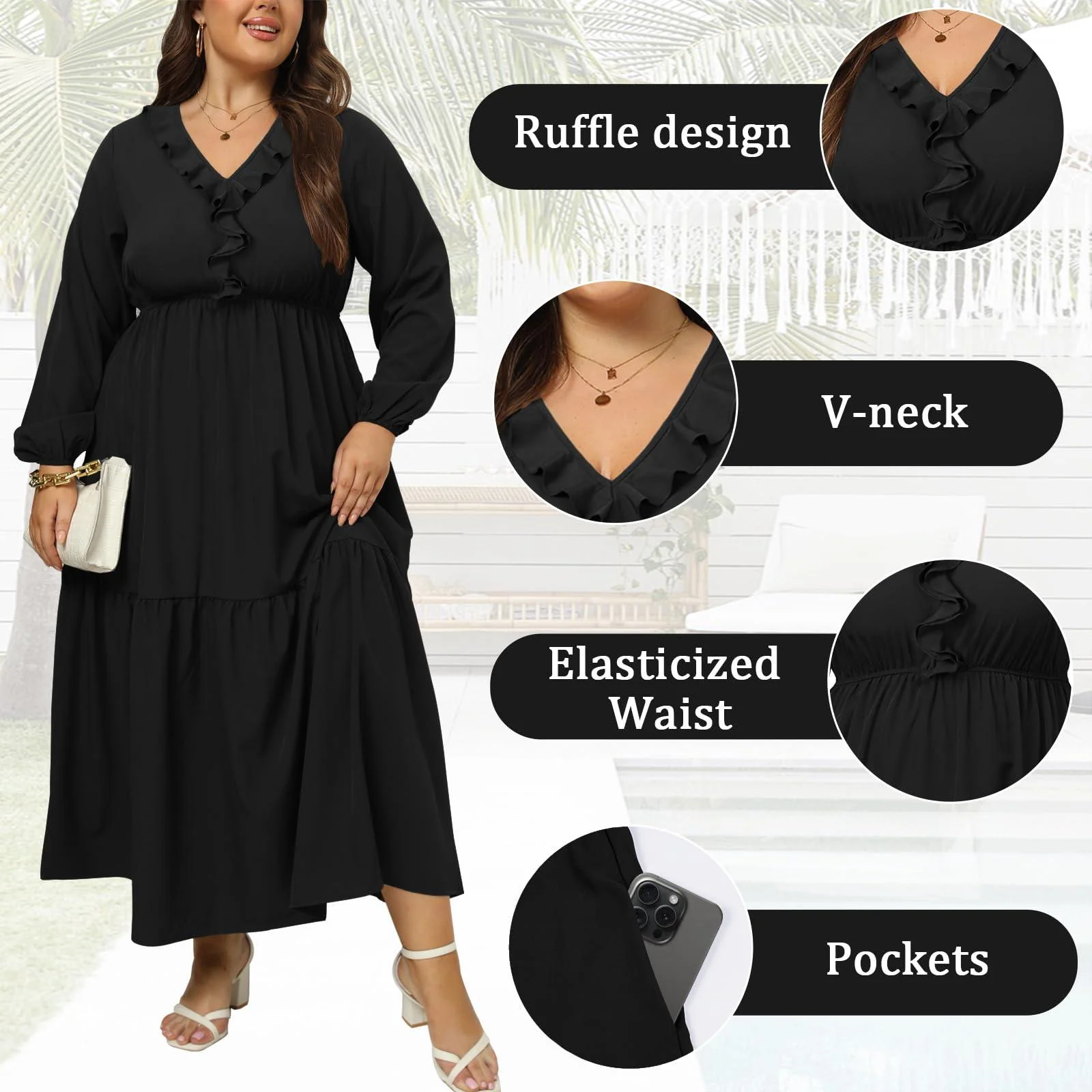 Plus Size A Line Flowy Dresses Long Sleeve V Neck - Black - Image 6