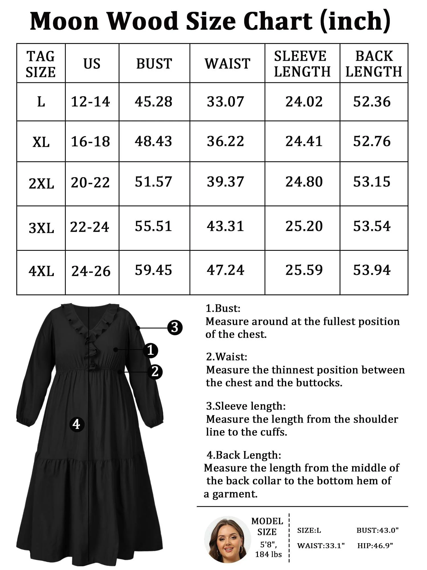 Plus Size A Line Flowy Dresses Long Sleeve V Neck - Black - Image 7