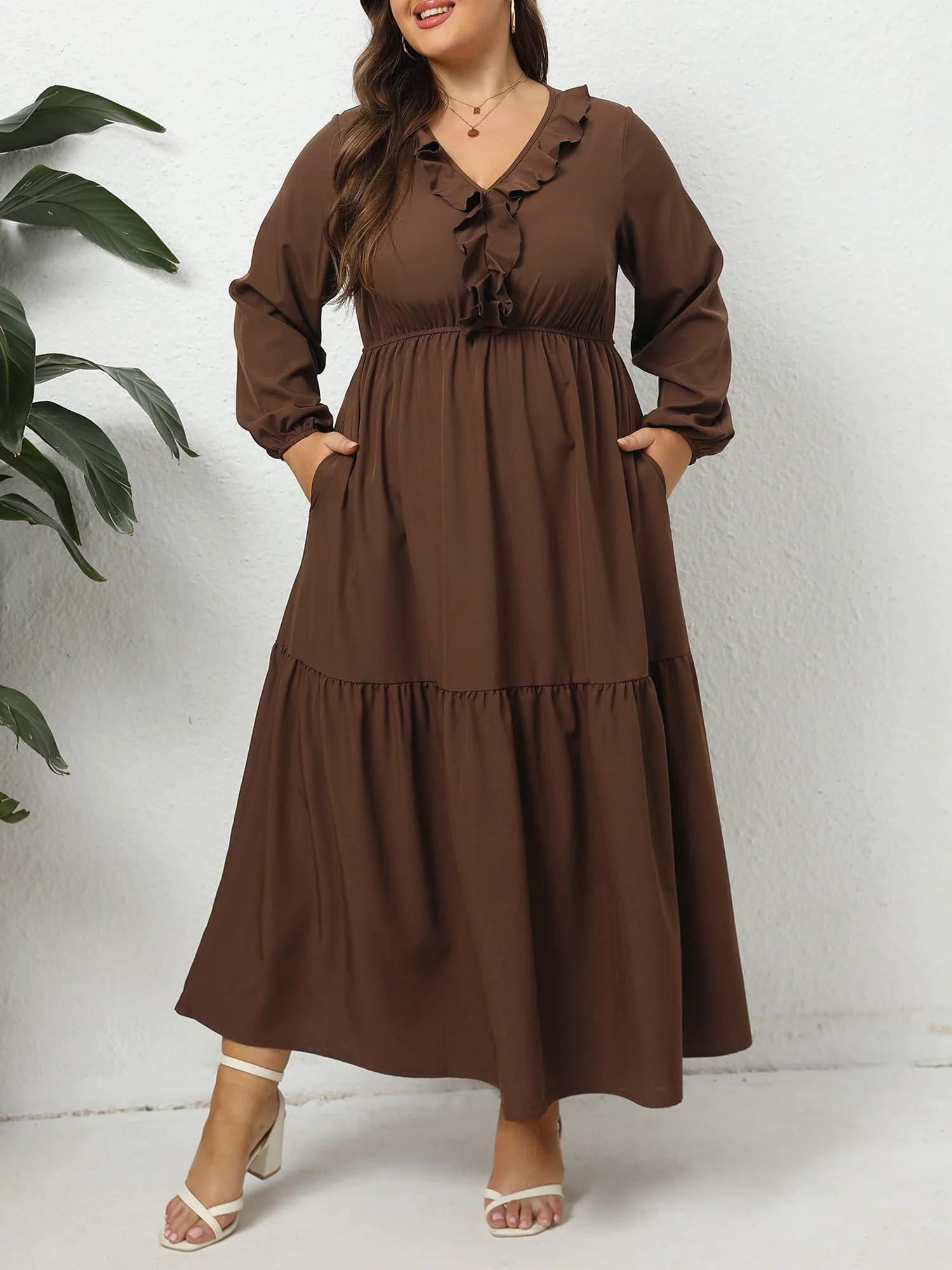Plus Size A Line Flowy Dresses Long Sleeve V Neck - Coffee - Image 3