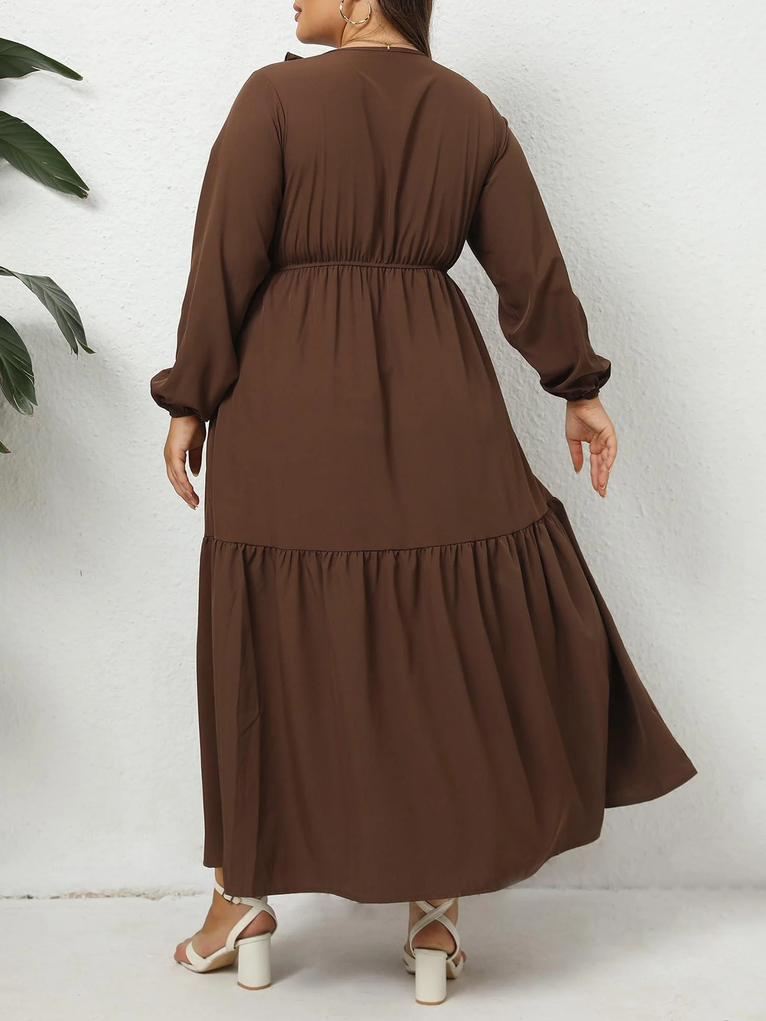 Plus Size A Line Flowy Dresses Long Sleeve V Neck - Coffee - Image 4