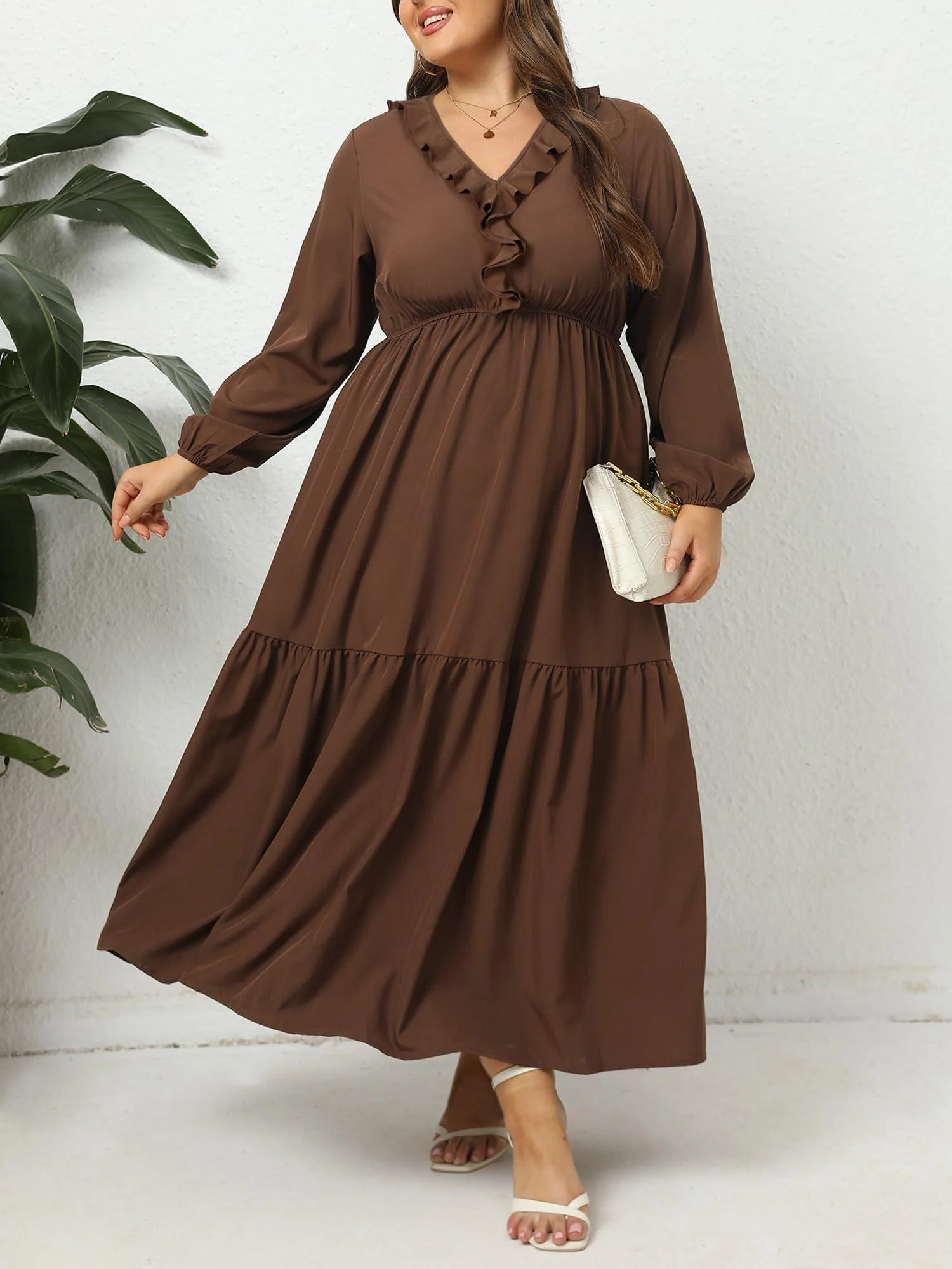 Plus Size A Line Flowy Dresses Long Sleeve V Neck - Coffee - Image 5