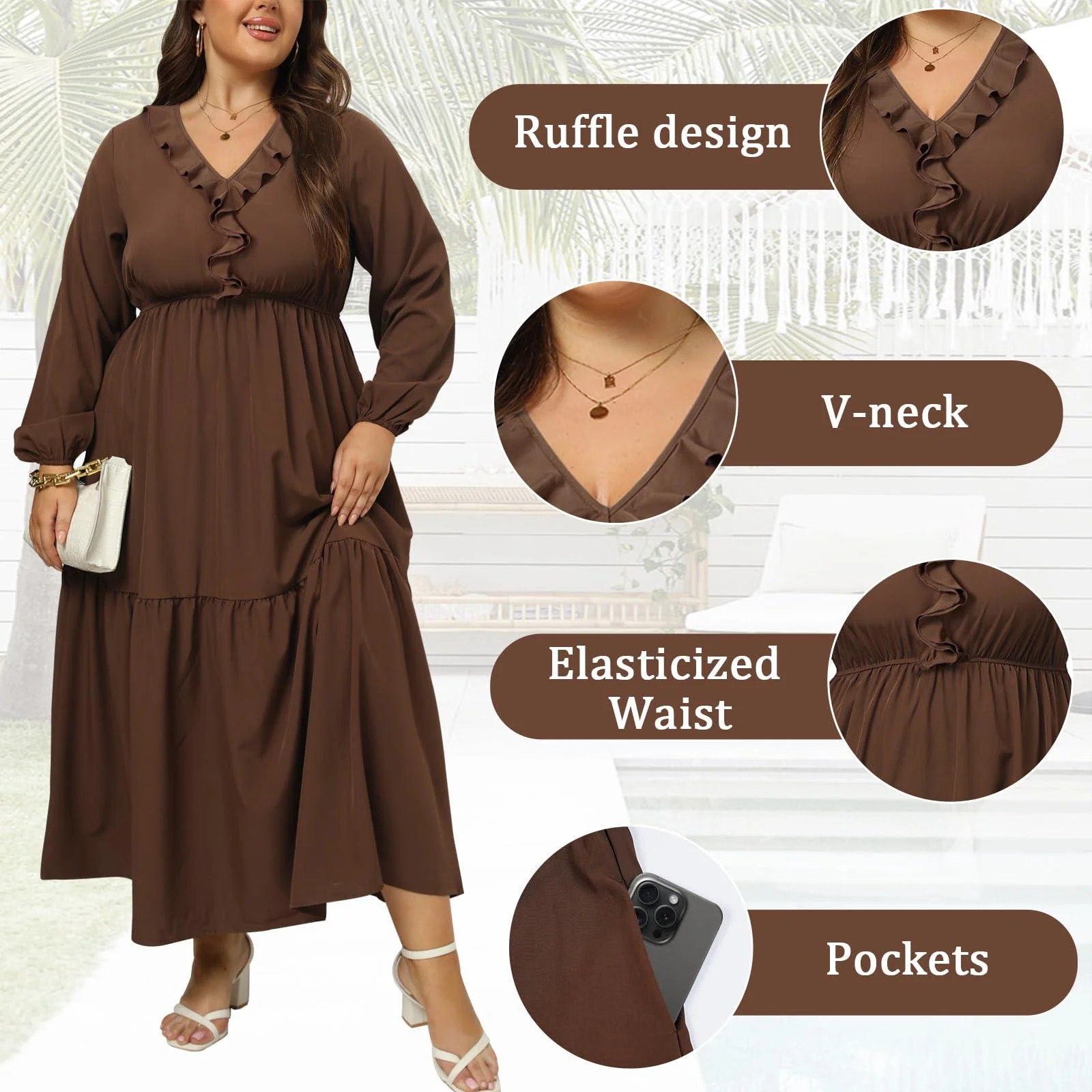 Plus Size A Line Flowy Dresses Long Sleeve V Neck - Coffee - Image 6