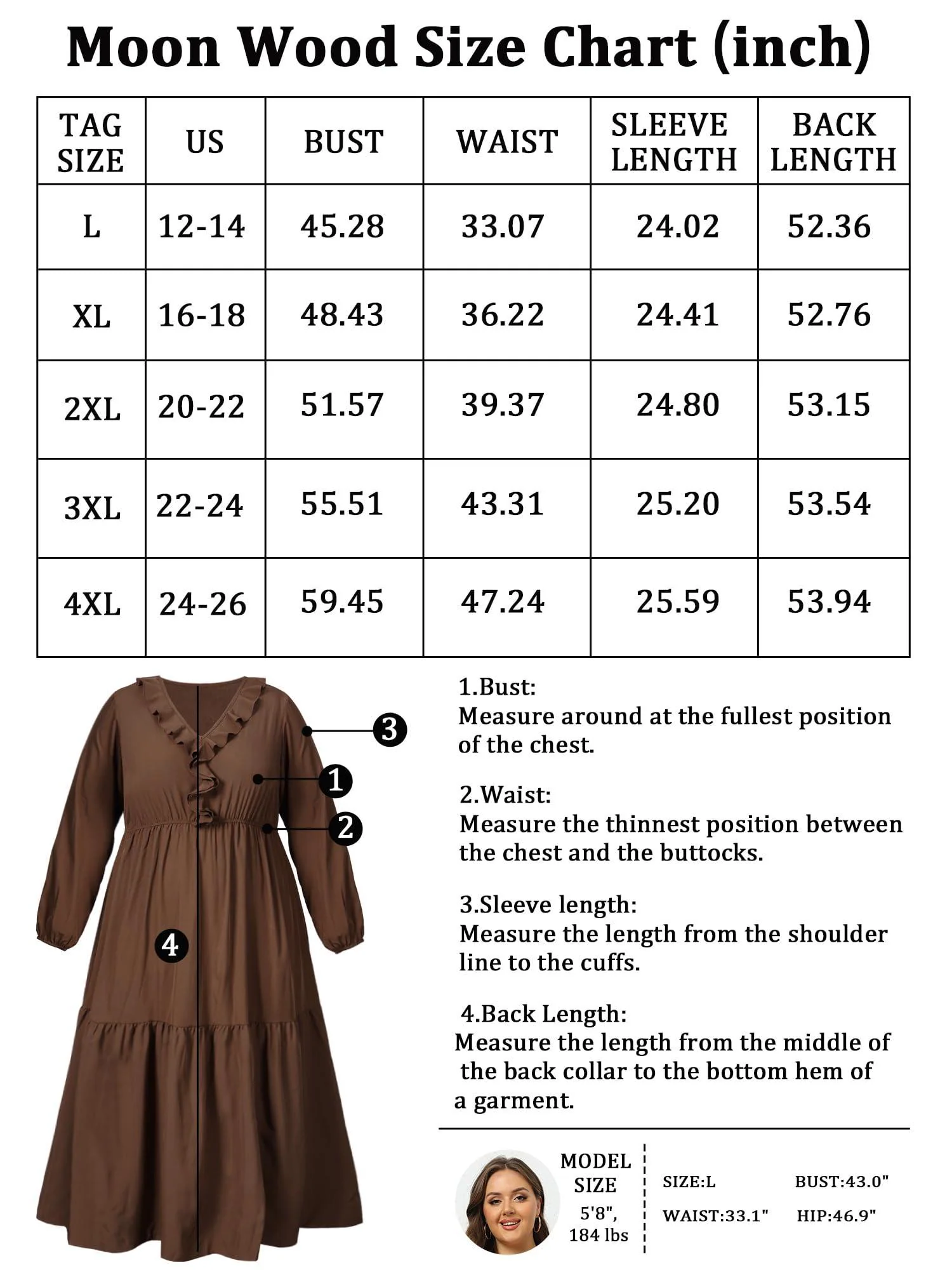 Plus Size A Line Flowy Dresses Long Sleeve V Neck - Coffee - Image 7