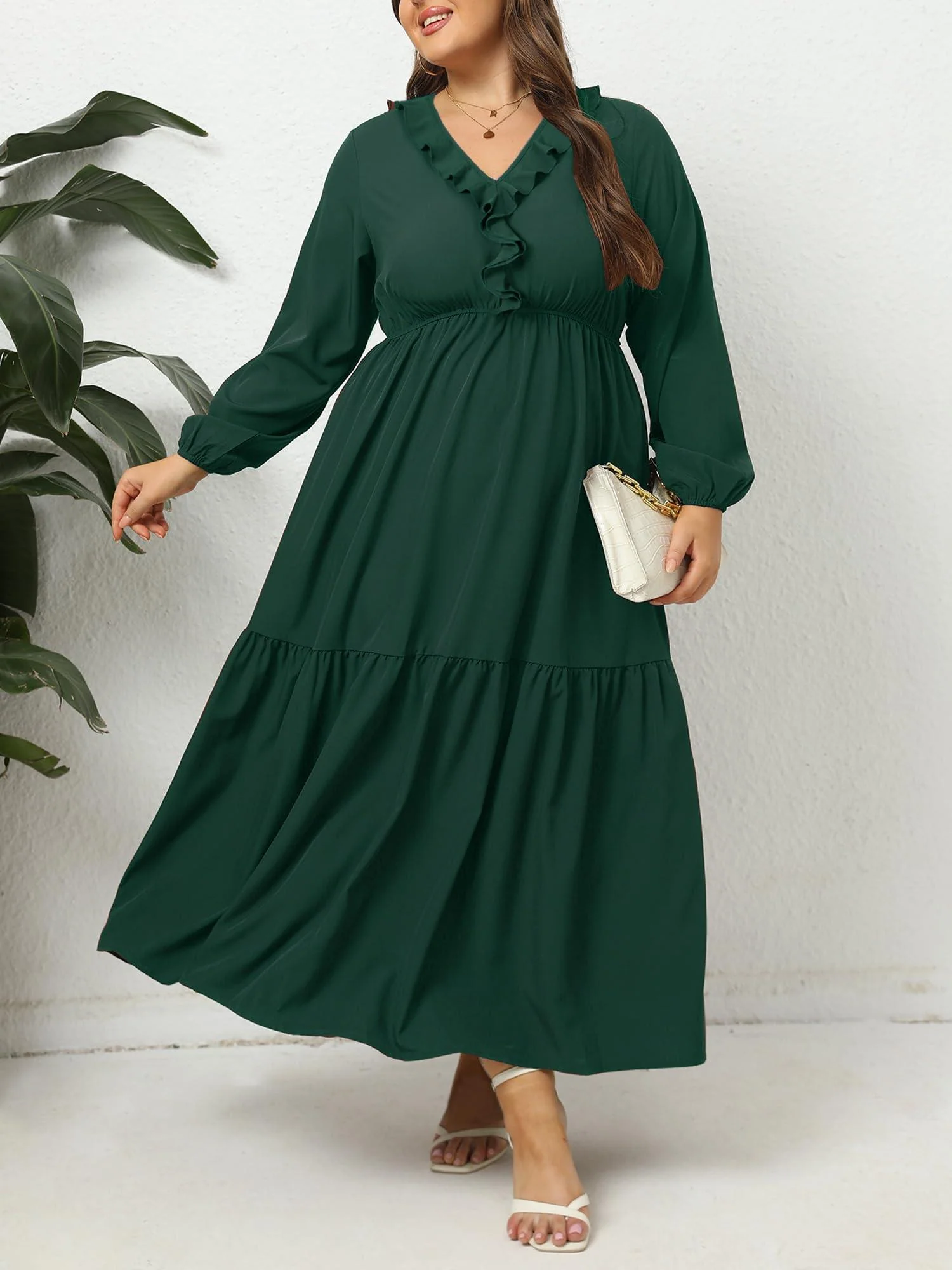 Plus Size A Line Flowy Dresses Long Sleeve V Neck - Green - Image 4