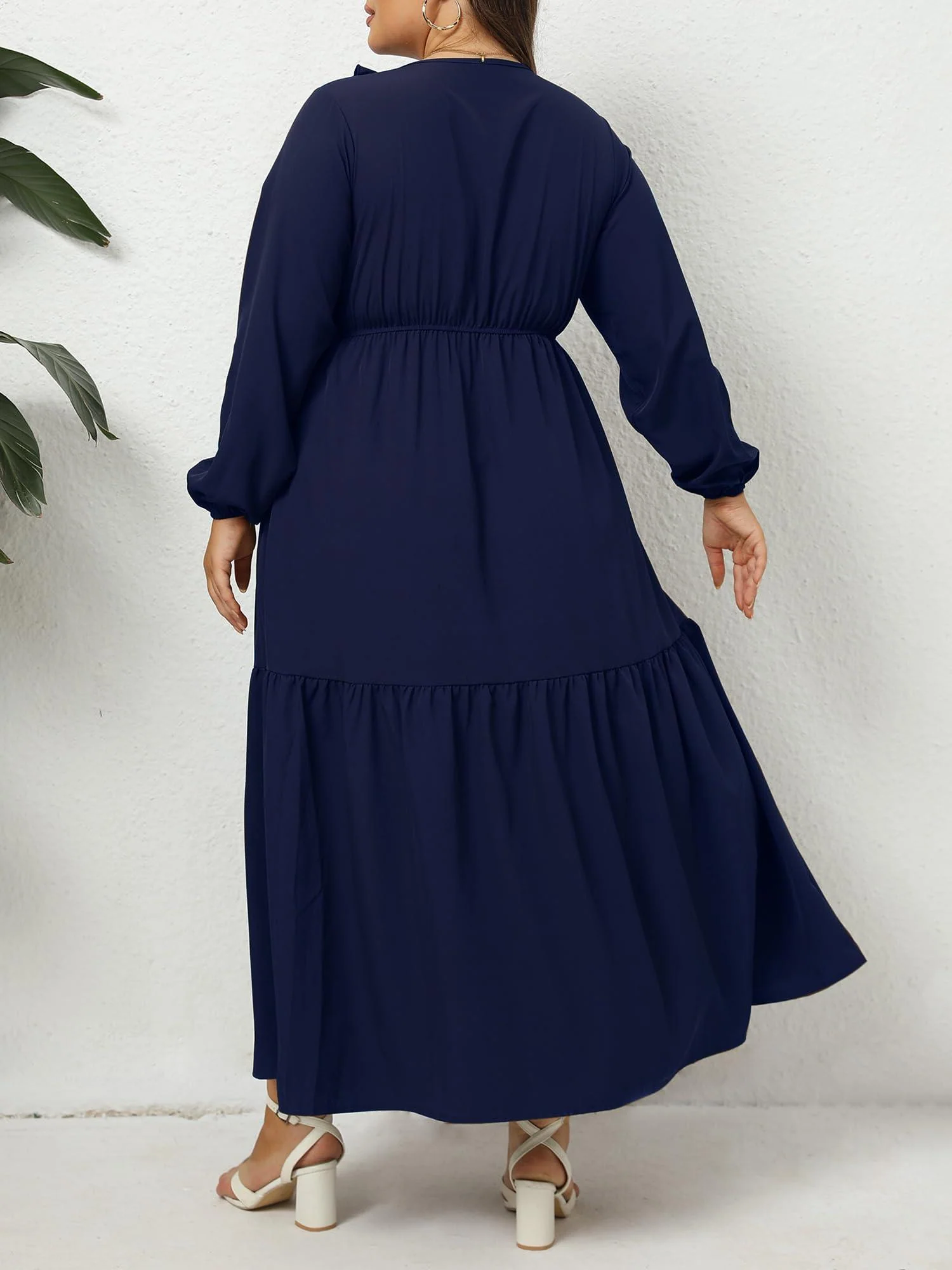 Plus Size A Line Flowy Dresses Long Sleeve V Neck - Navy - Image 3