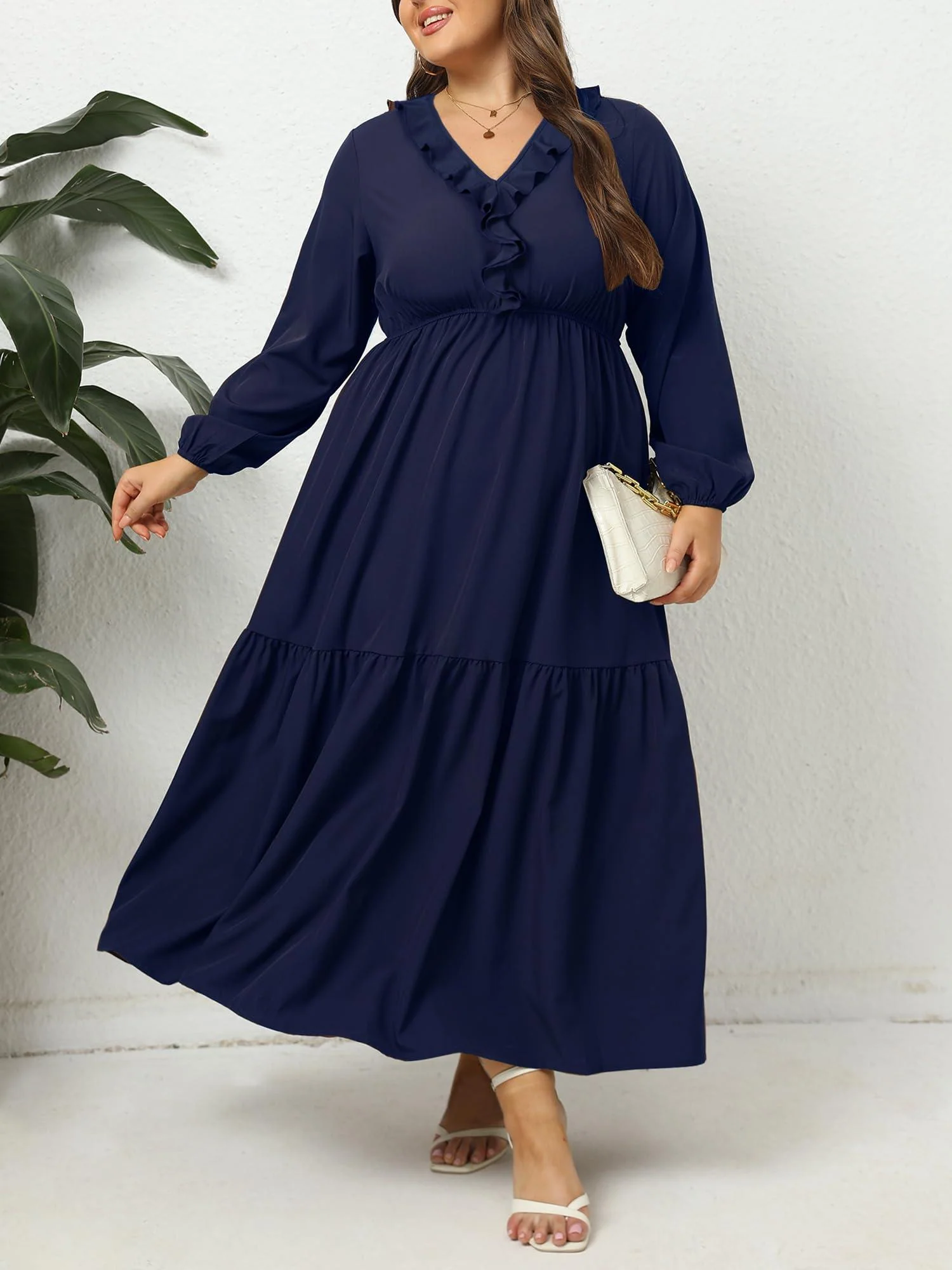 Plus Size A Line Flowy Dresses Long Sleeve V Neck - Navy - Image 4