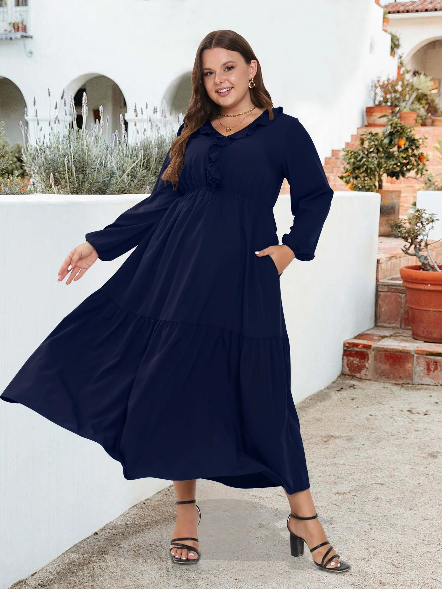 Plus Size A Line Flowy Dresses Long Sleeve V Neck - Navy - Image 5