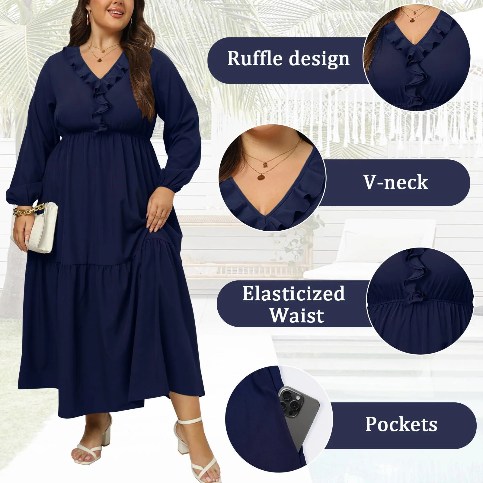 Plus Size A Line Flowy Dresses Long Sleeve V Neck - Navy - Image 6