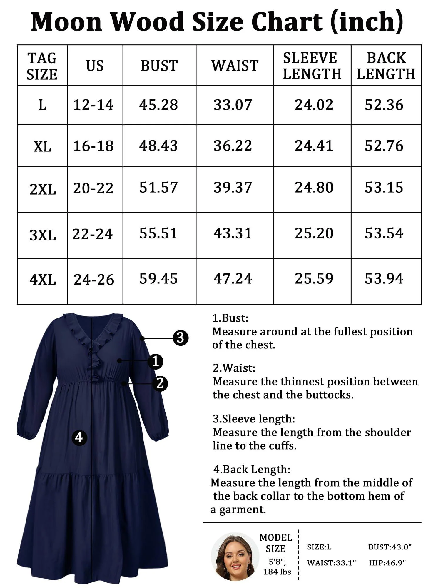 Plus Size A Line Flowy Dresses Long Sleeve V Neck - Navy - Image 7