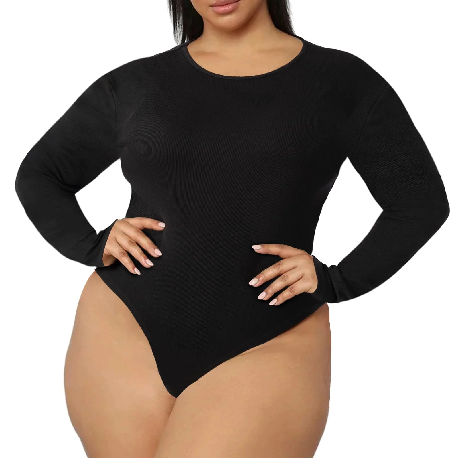 Plus Size Bodysuit Crew Neck Long Sleeve-Black - Image 3