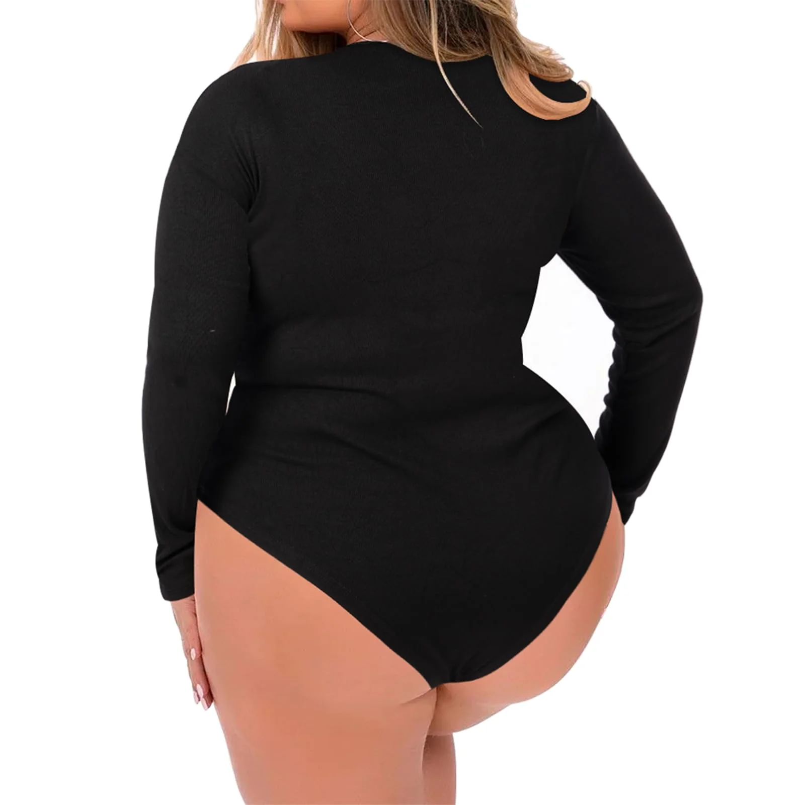 Plus Size Bodysuit Crew Neck Long Sleeve-Black - Image 4