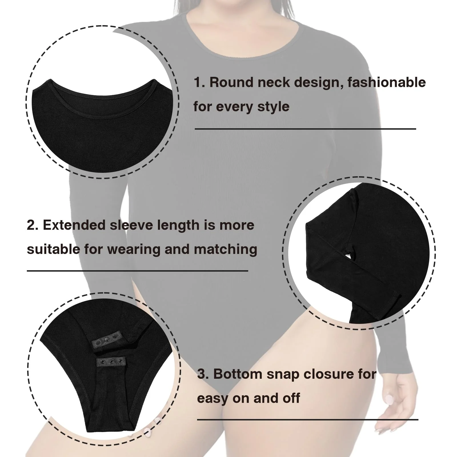 Plus Size Bodysuit Crew Neck Long Sleeve-Black - Image 5