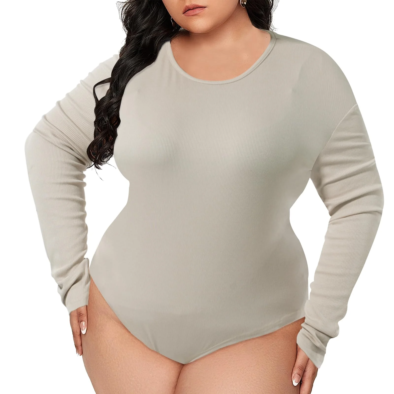 Plus Size Bodysuit Crew Neck Long Sleeve-Latte - Image 3