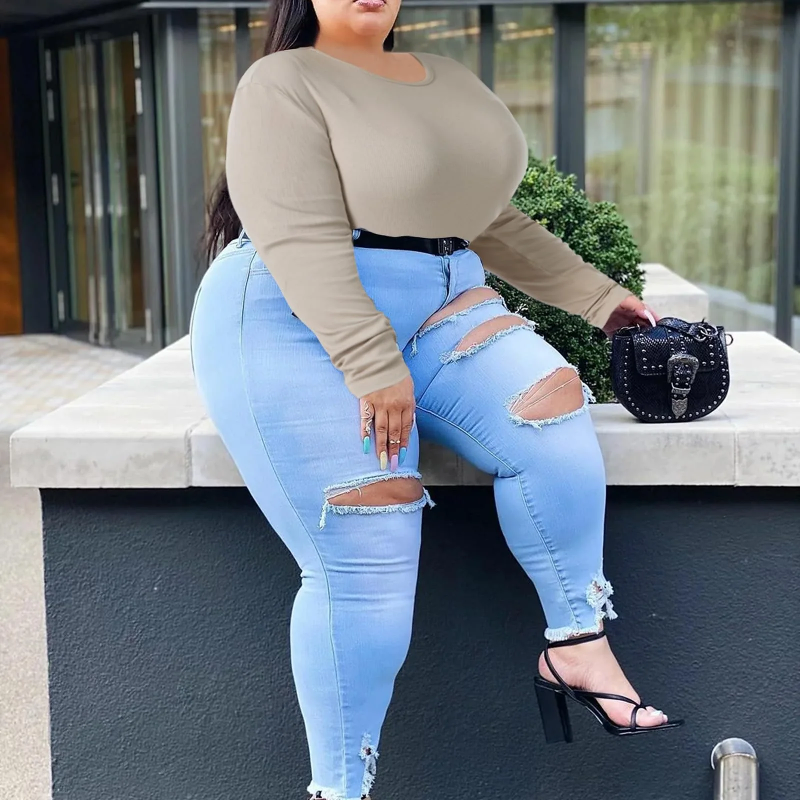 Plus Size Bodysuit Crew Neck Long Sleeve-Latte - Image 5