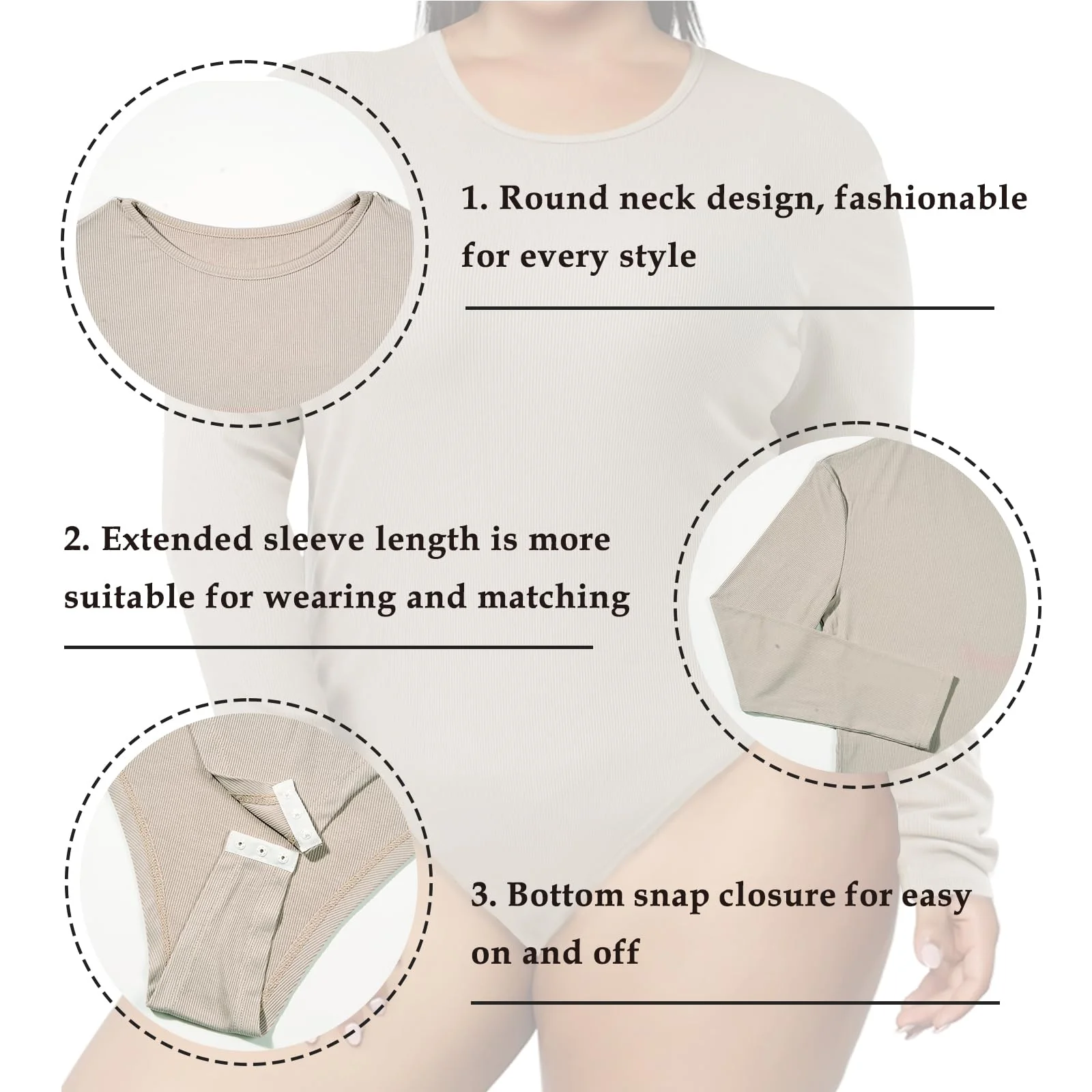 Plus Size Bodysuit Crew Neck Long Sleeve-Latte - Image 6