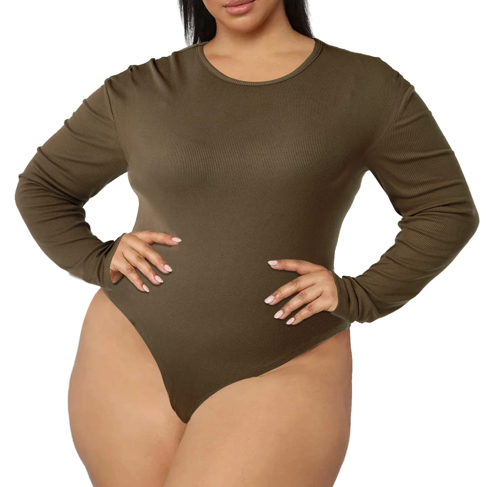 Plus Size Bodysuit Crew Neck Long Sleeve-Tiramisu - Image 3