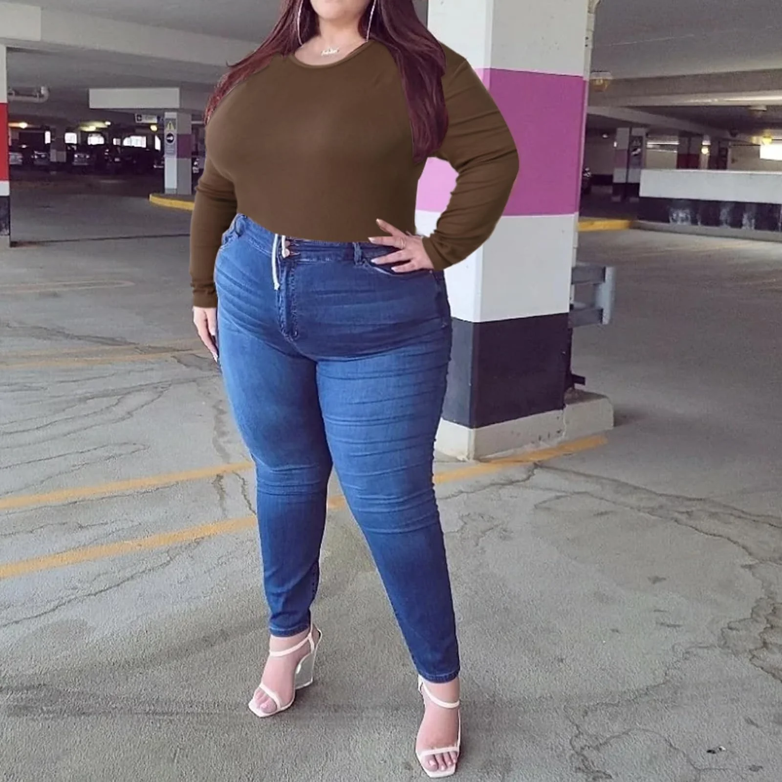 Plus Size Bodysuit Crew Neck Long Sleeve-Tiramisu - Image 4