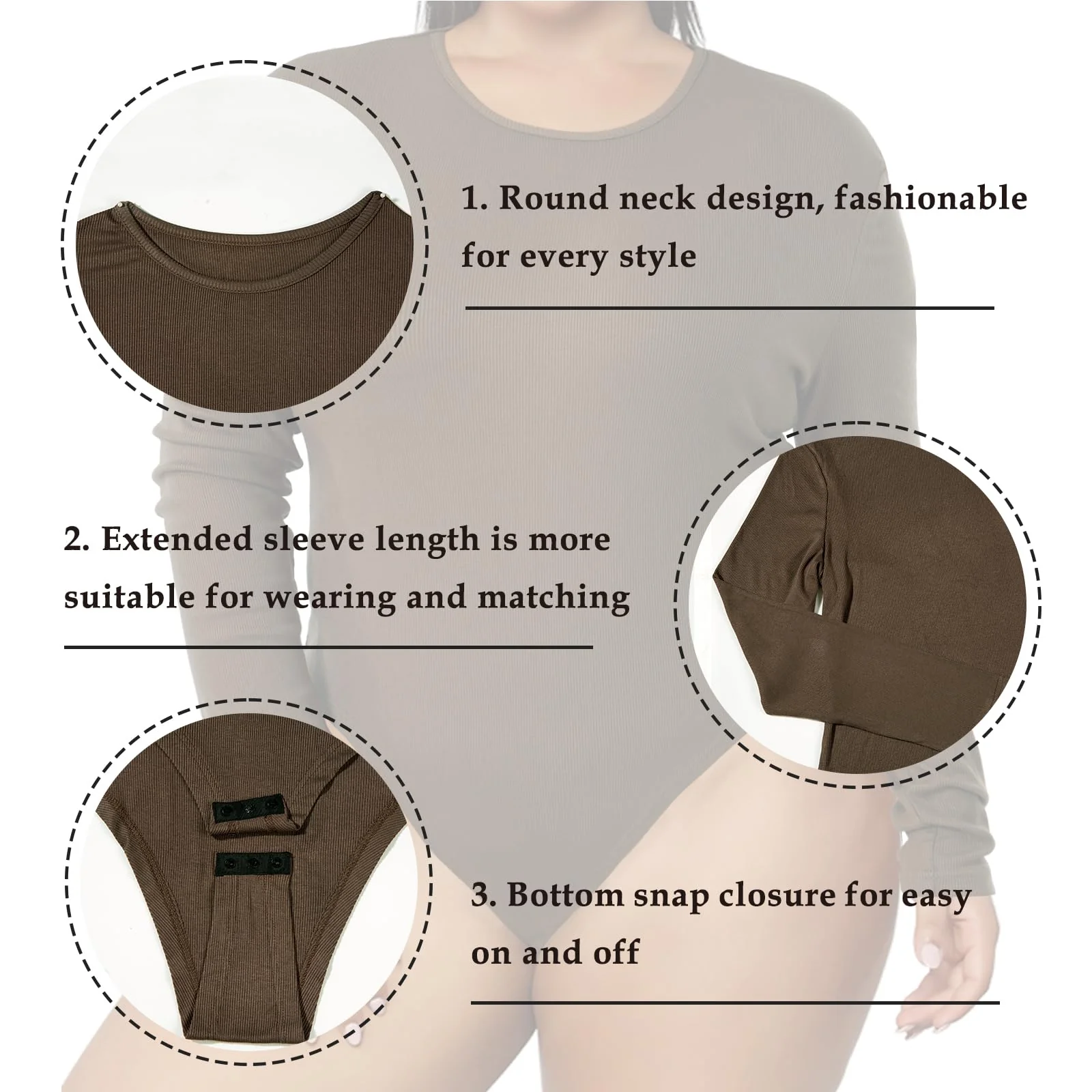 Plus Size Bodysuit Crew Neck Long Sleeve-Tiramisu - Image 5