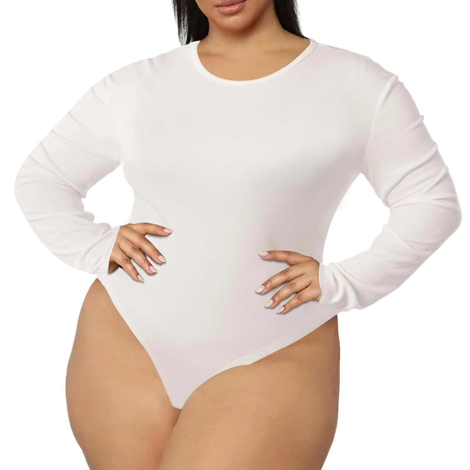 Plus Size Bodysuit Crew Neck Long Sleeve-White - Image 3