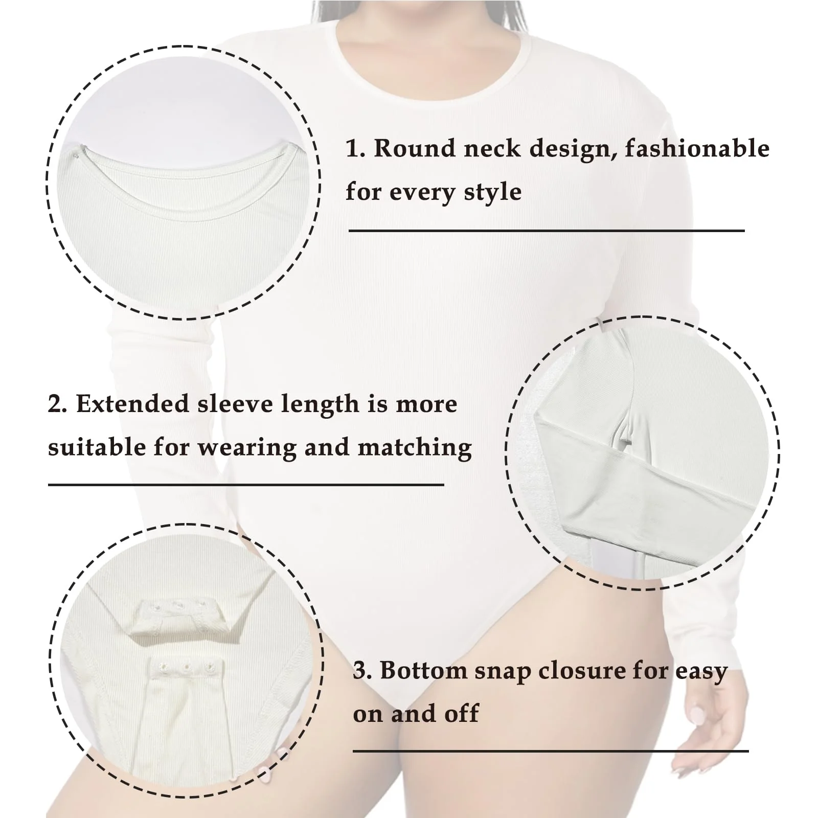 Plus Size Bodysuit Crew Neck Long Sleeve-White - Image 4