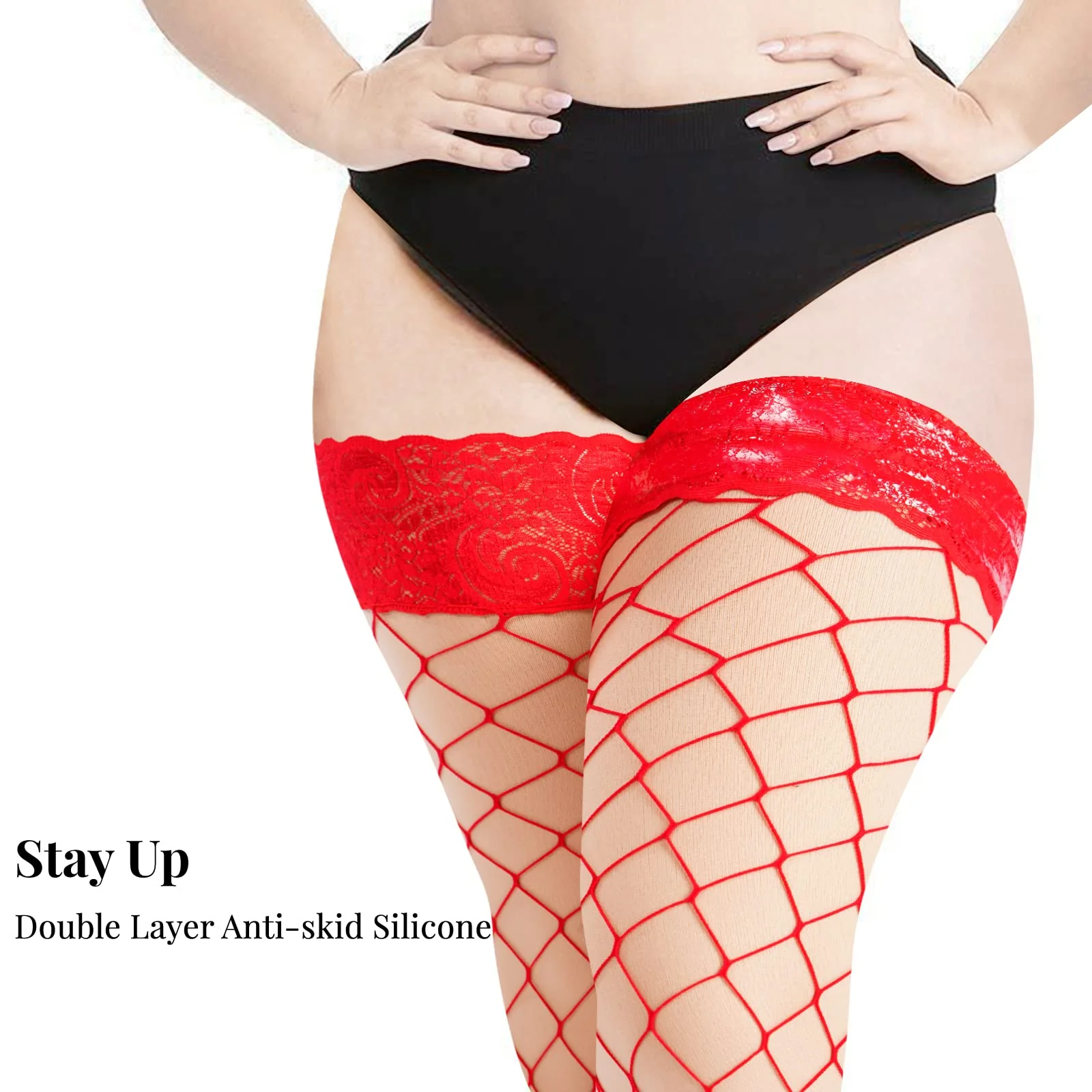Plus Size Fishnet Stockings Sheer Silicone Lace - Red Large Mesh - Image 5