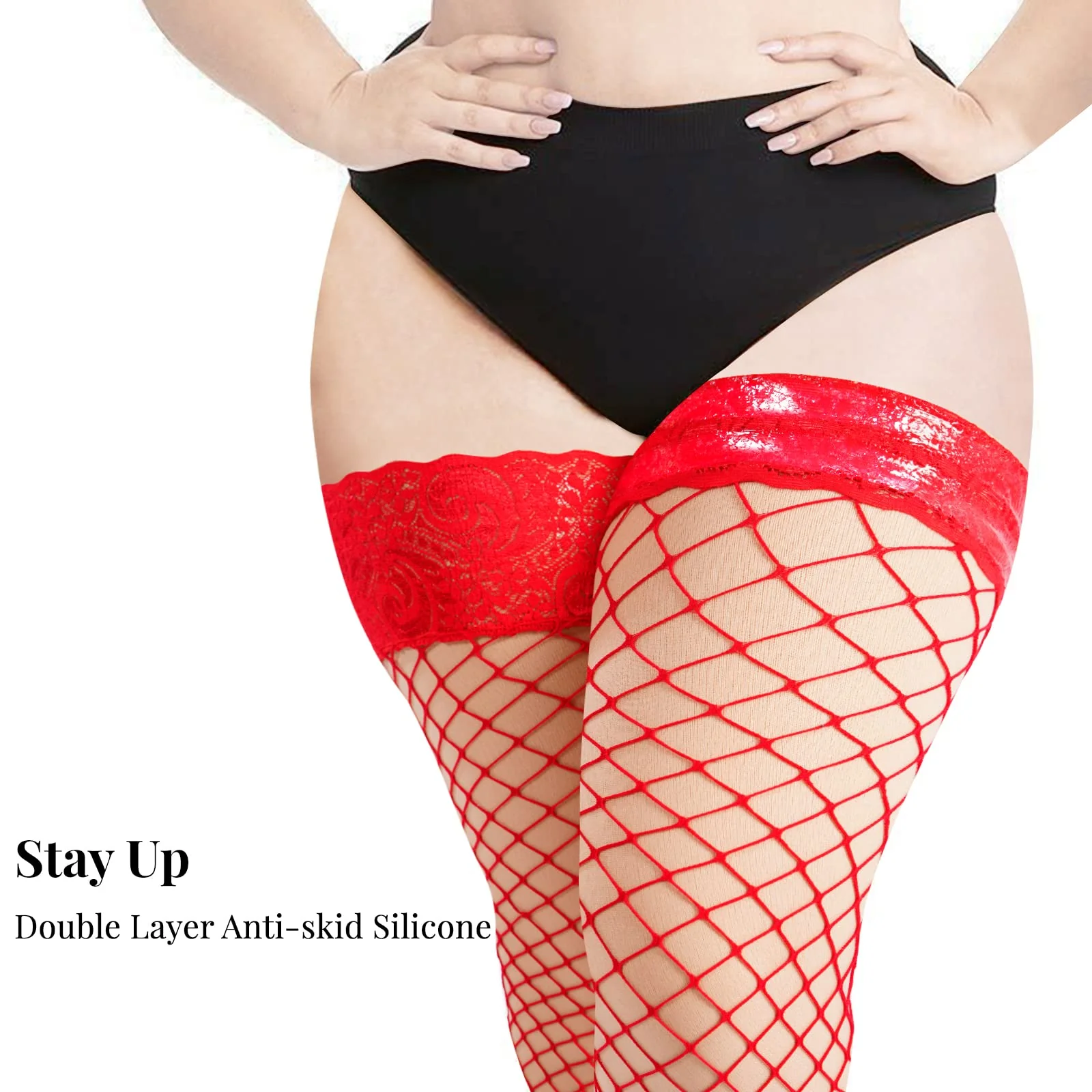 Plus Size Fishnet Stockings Sheer Silicone Lace - Red Medium Mesh - Image 4