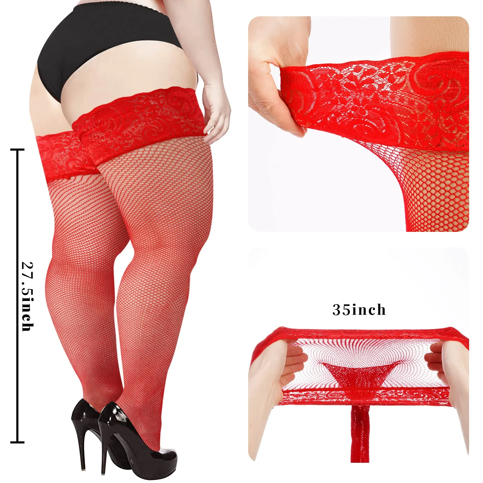 Plus Size Fishnet Stockings Sheer Silicone Lace - Red Small Mesh - Image 3