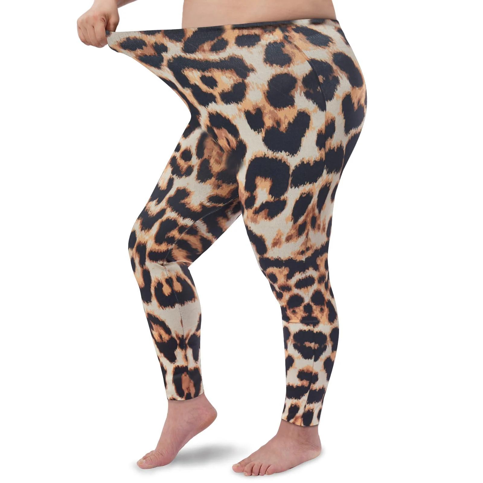 Plus Size Fleece Lined Leggings Women - Brown Leopard - Image 3