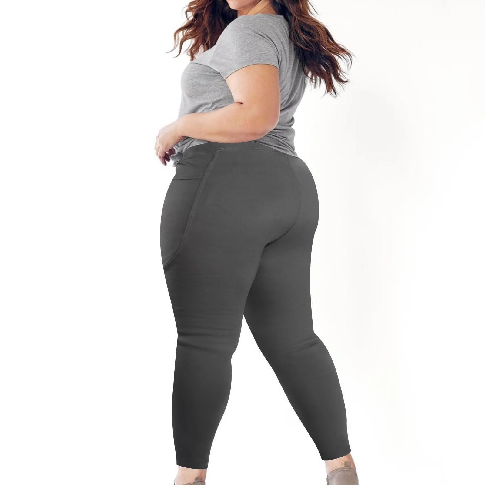 Plus Size Fleece Lined Leggings Women with Pockets - Grey - Image 3
