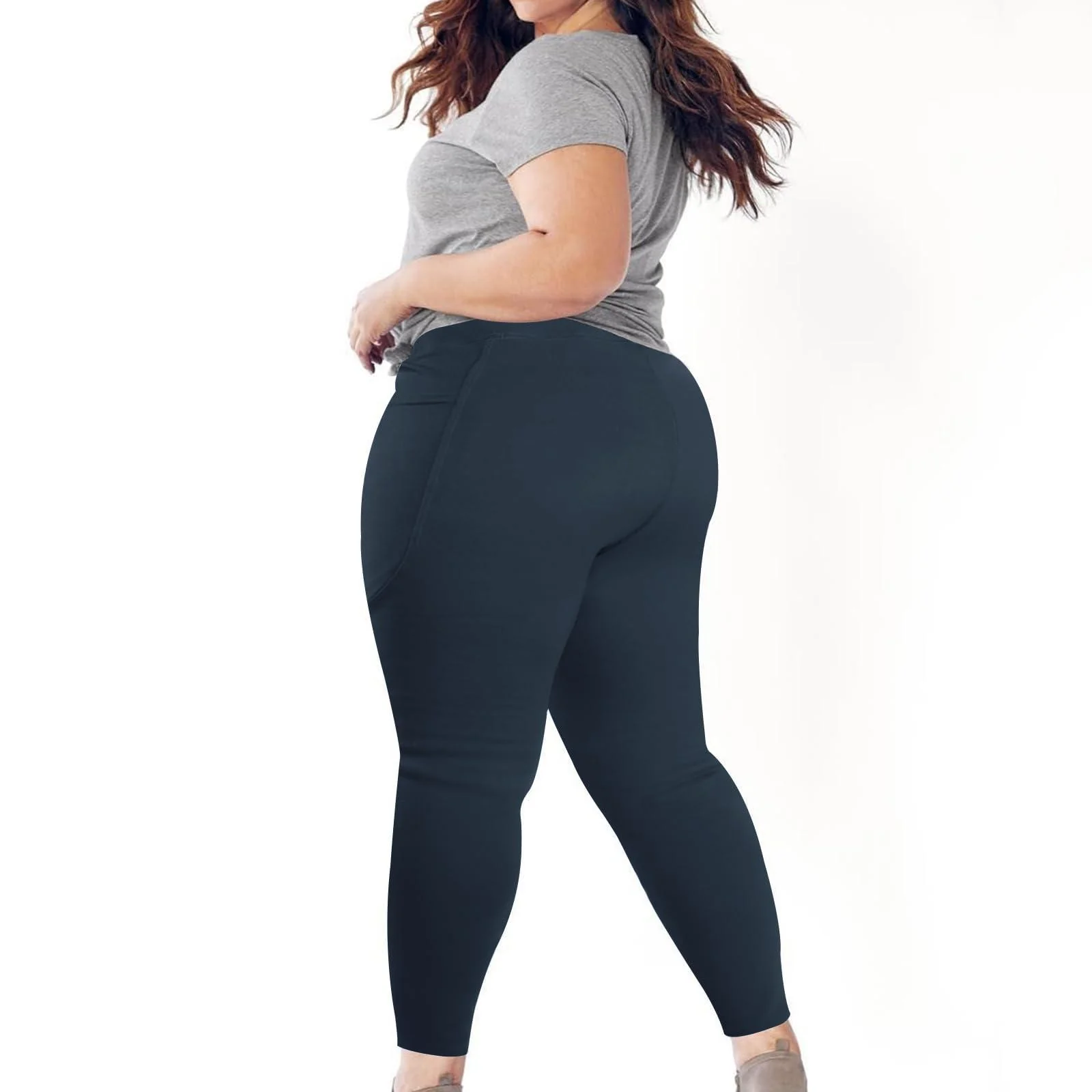 Plus Size Fleece Lined Leggings Women with Pockets - Navy Blue - Image 3