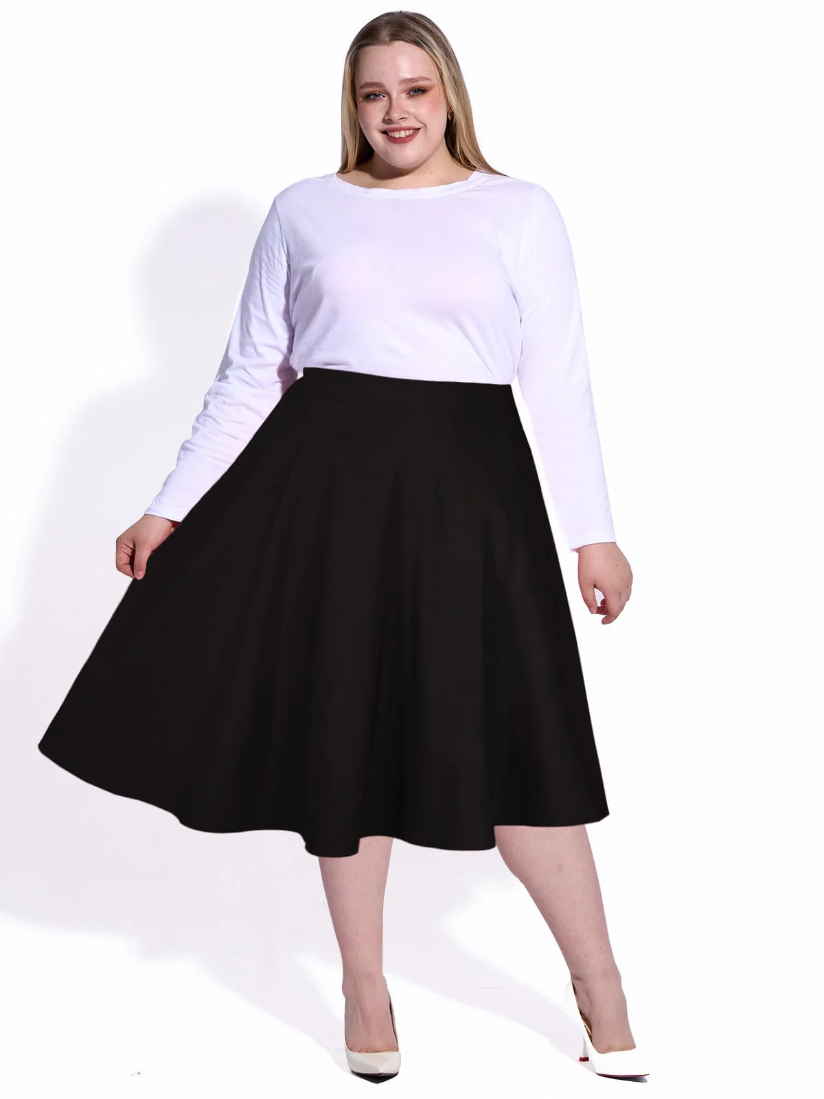 Plus Size High Waist A-Line Midi Skirt - Black - Image 3