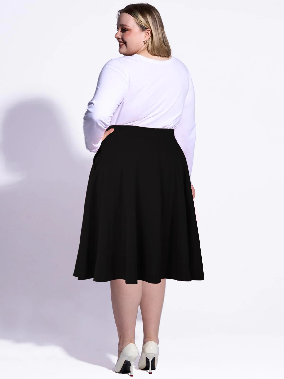 Plus Size High Waist A-Line Midi Skirt - Black - Image 4