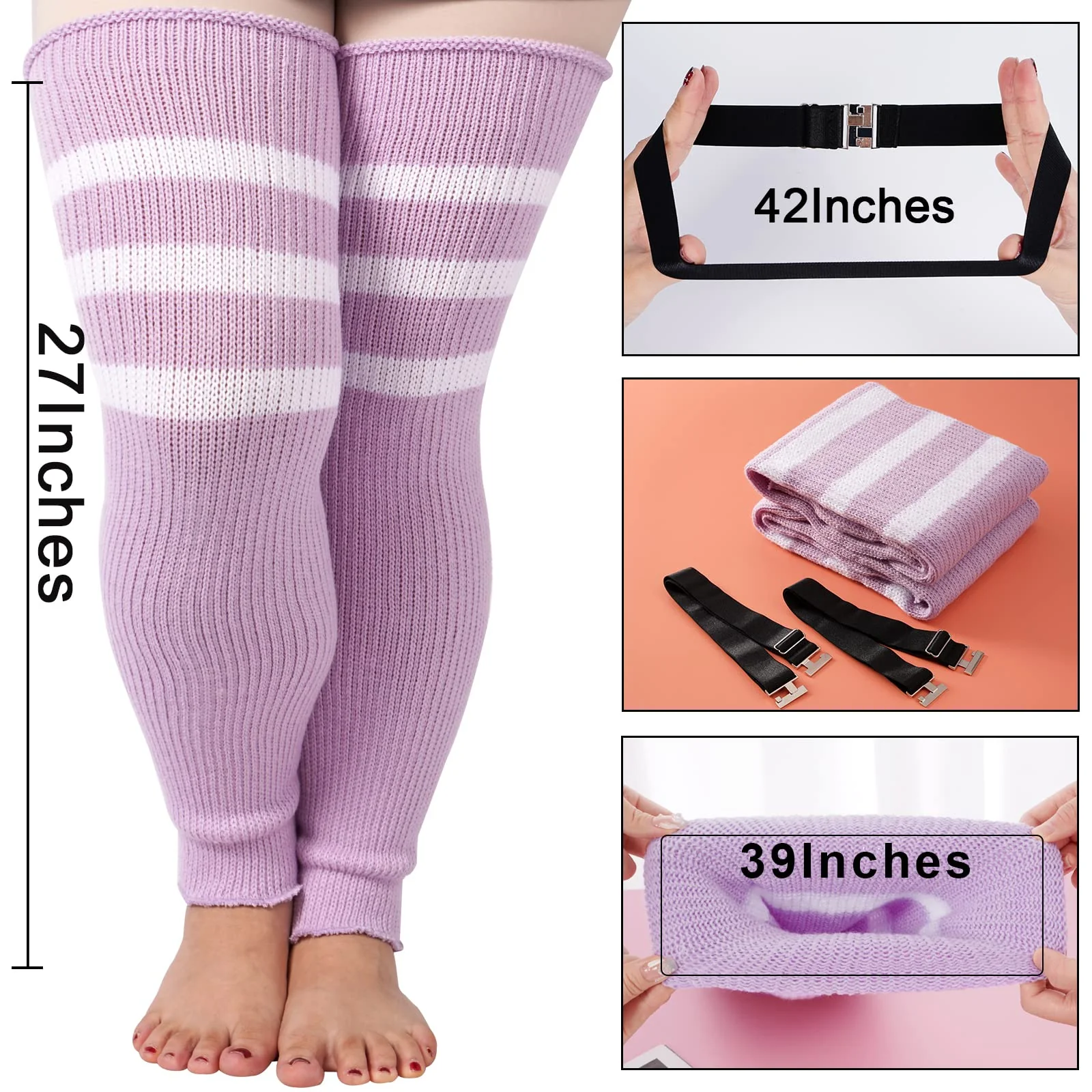 Plus Size Leg Warmers for Women-Light Purple & White - Image 3
