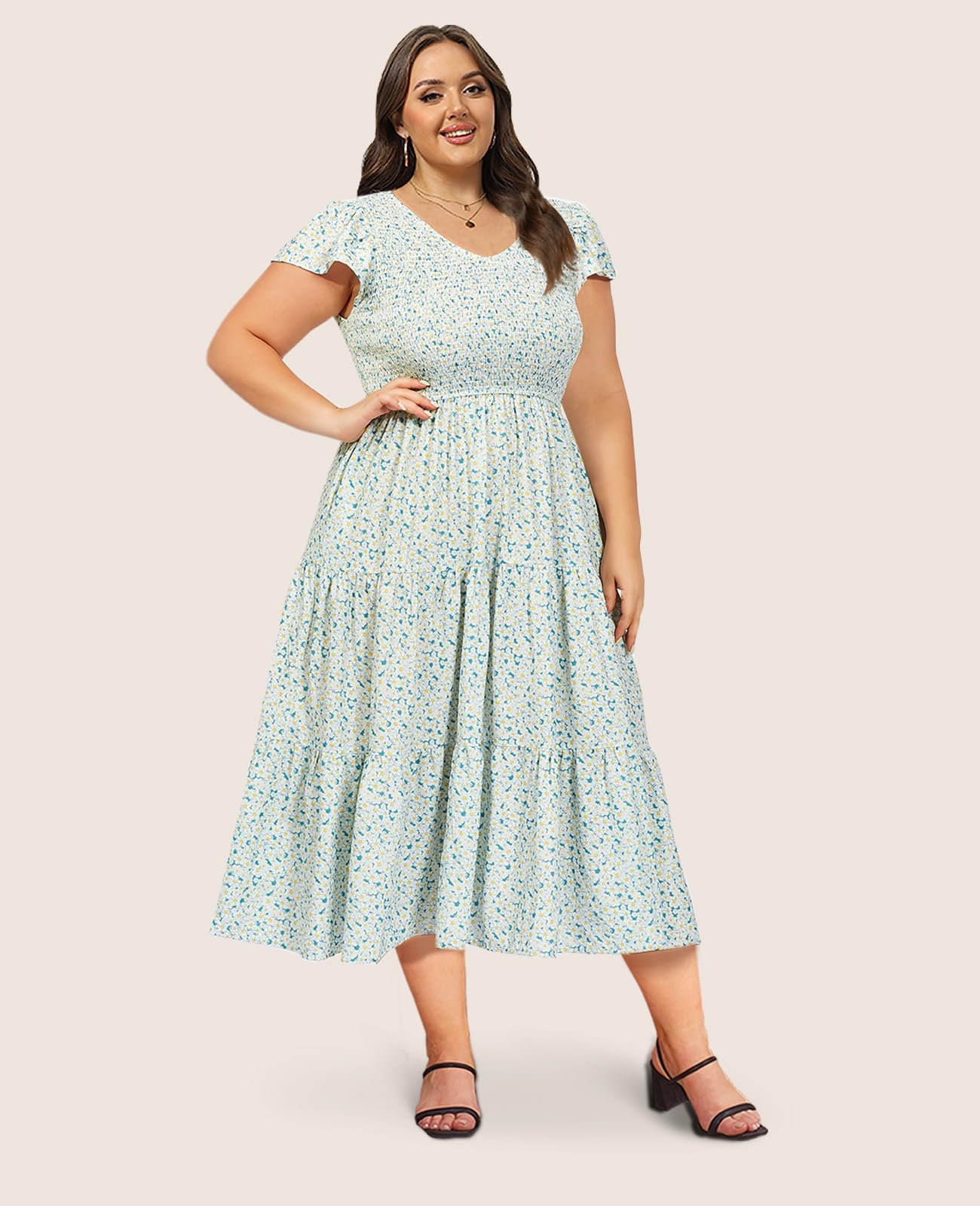 Plus Size Maxi Dress V Neck for Summer - Green - Image 3