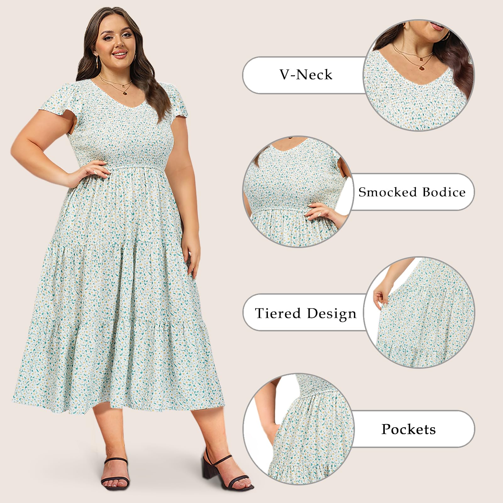 Plus Size Maxi Dress V Neck for Summer - Green - Image 6