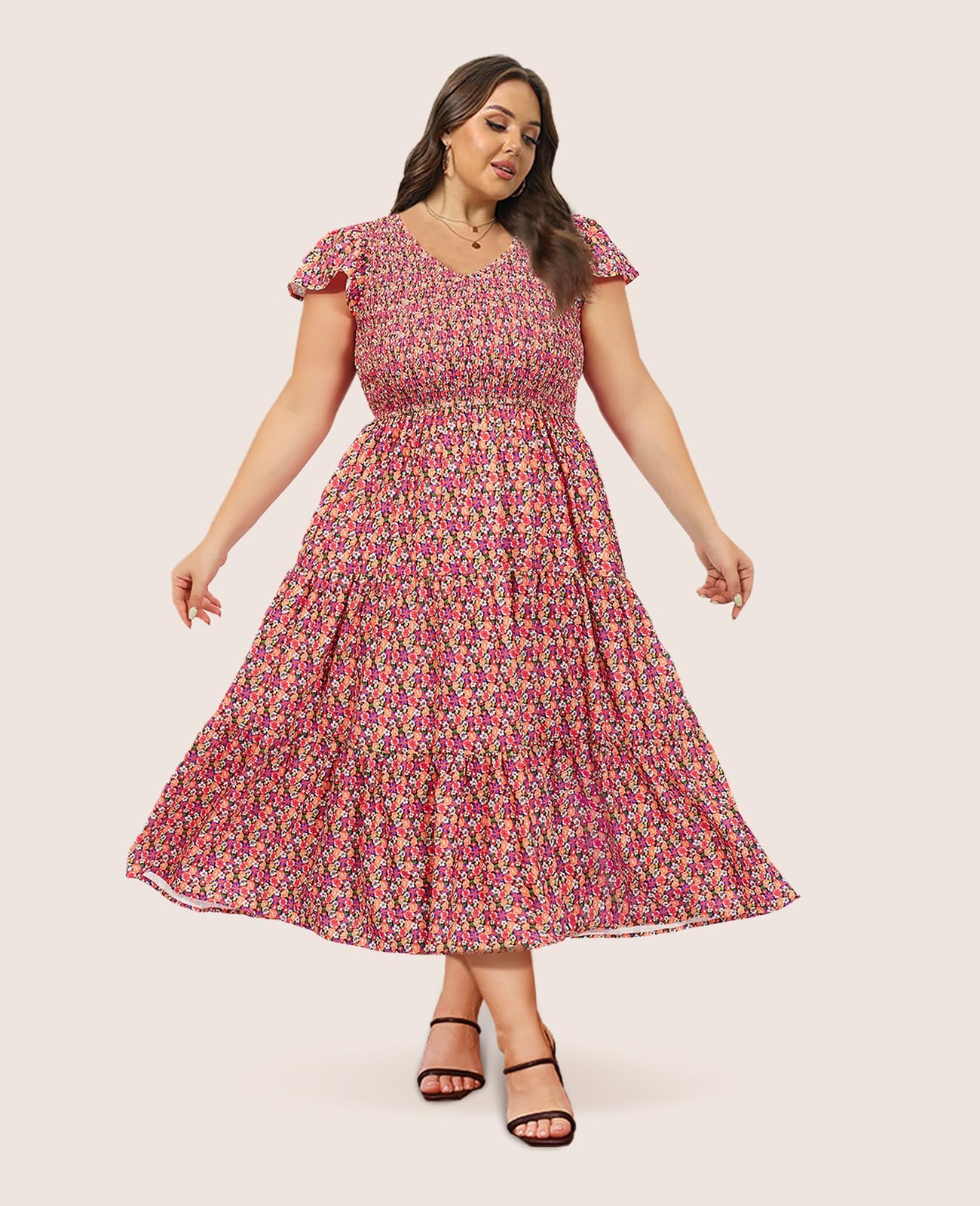 Plus Size Maxi Dress V Neck for Summer - Multi - Image 3